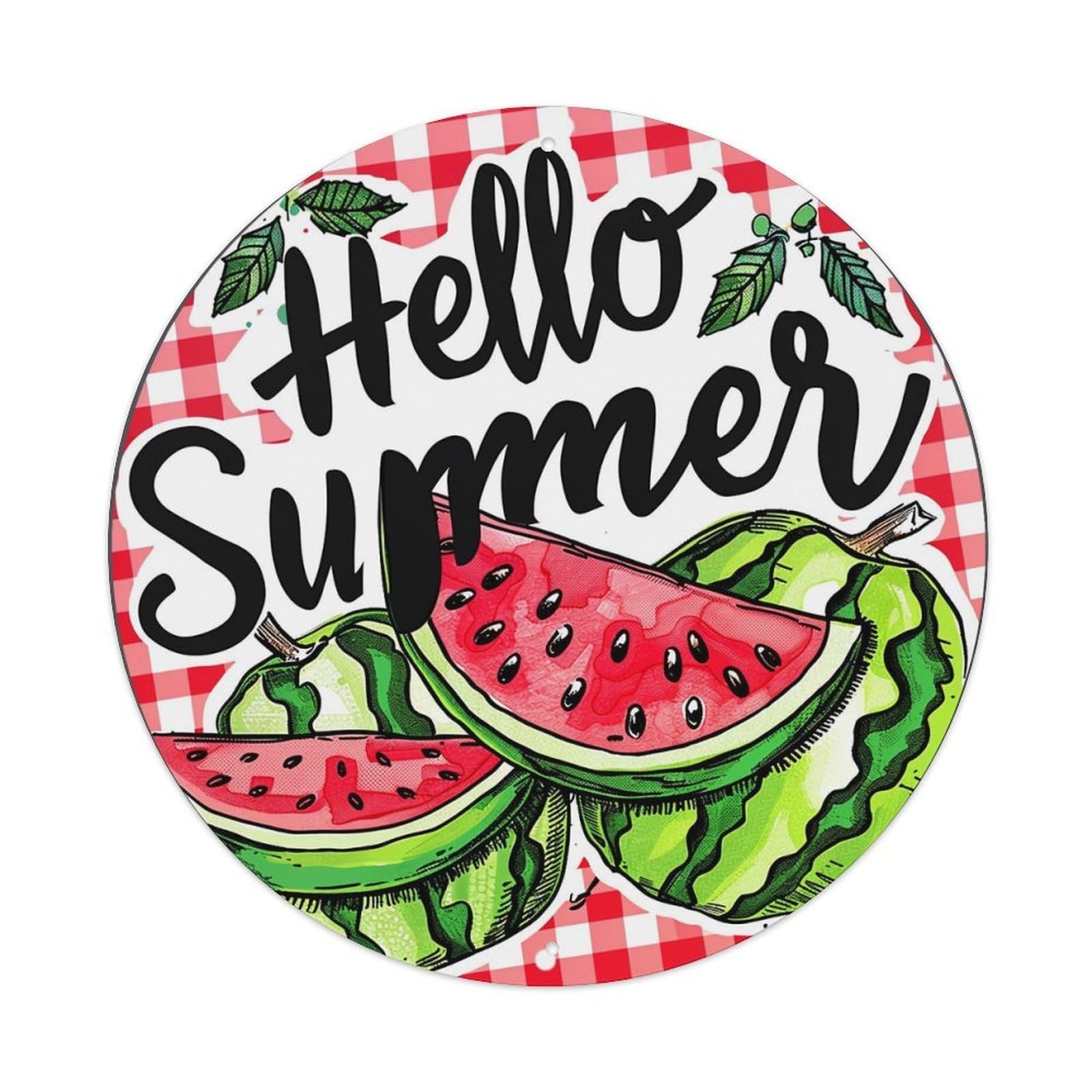 Hello Summer Watermelon Pattern Print Tin Sign Metal Poster Vintage Metal Signs for Home Man Cave Bar Cafe Kitchen laundry room Wall Decorations 8x8 inches
