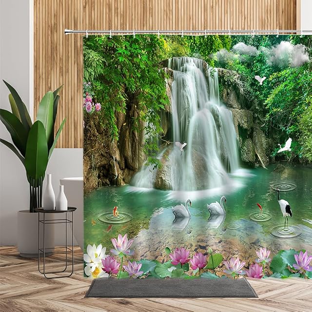 YUAOEUR Waterfall Tropical Forest 3D Printing Shower Curtain,Green Trees Lake with Lotus Swan Crane Scene Art Outdoor Decor for Garden Theme Bath Decor Fabric with Hook 71X 71 inch Green Pink