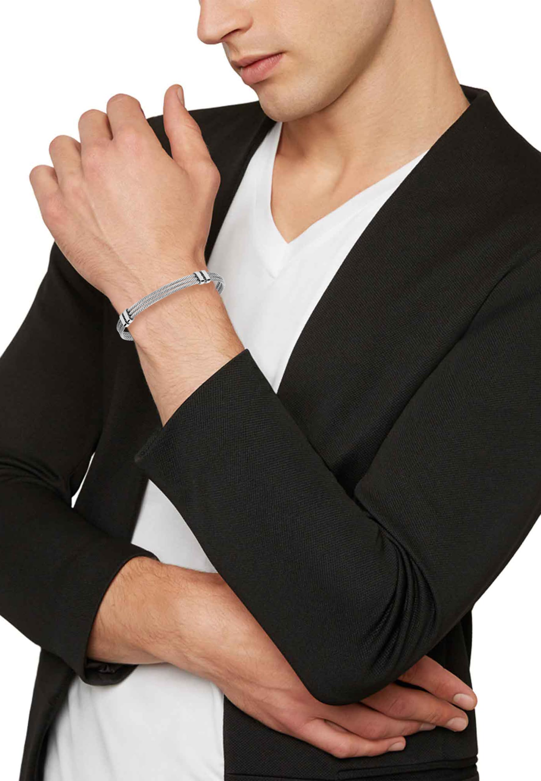 Breil, Collezione Ted, Bracciale Uomo in Acciaio Silver, con Doppia Spirale Metallica e Quattro Anelli Fissi, Chiusura a Gioielleria, Lunghezza Regolabile fino a 17,5