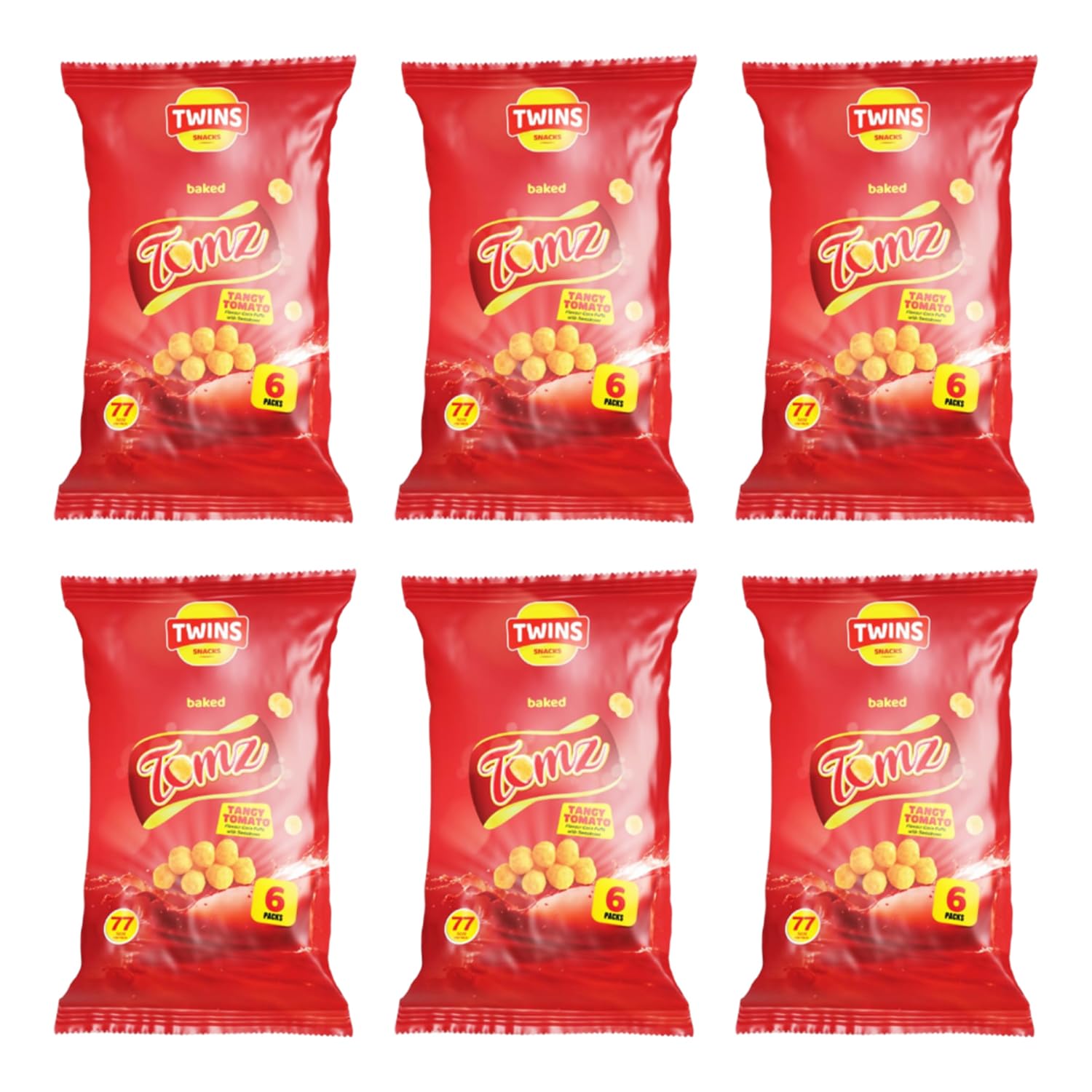 Twins Snacks Baked Puffs - Crunchy and Flavorful Snack Bites for Every Occasion - On-the-go Munchies - Phool Makhana Foxnuts - Enjoy at Home, School, Work (Pack of 6, Tomz (Tango Tomato))