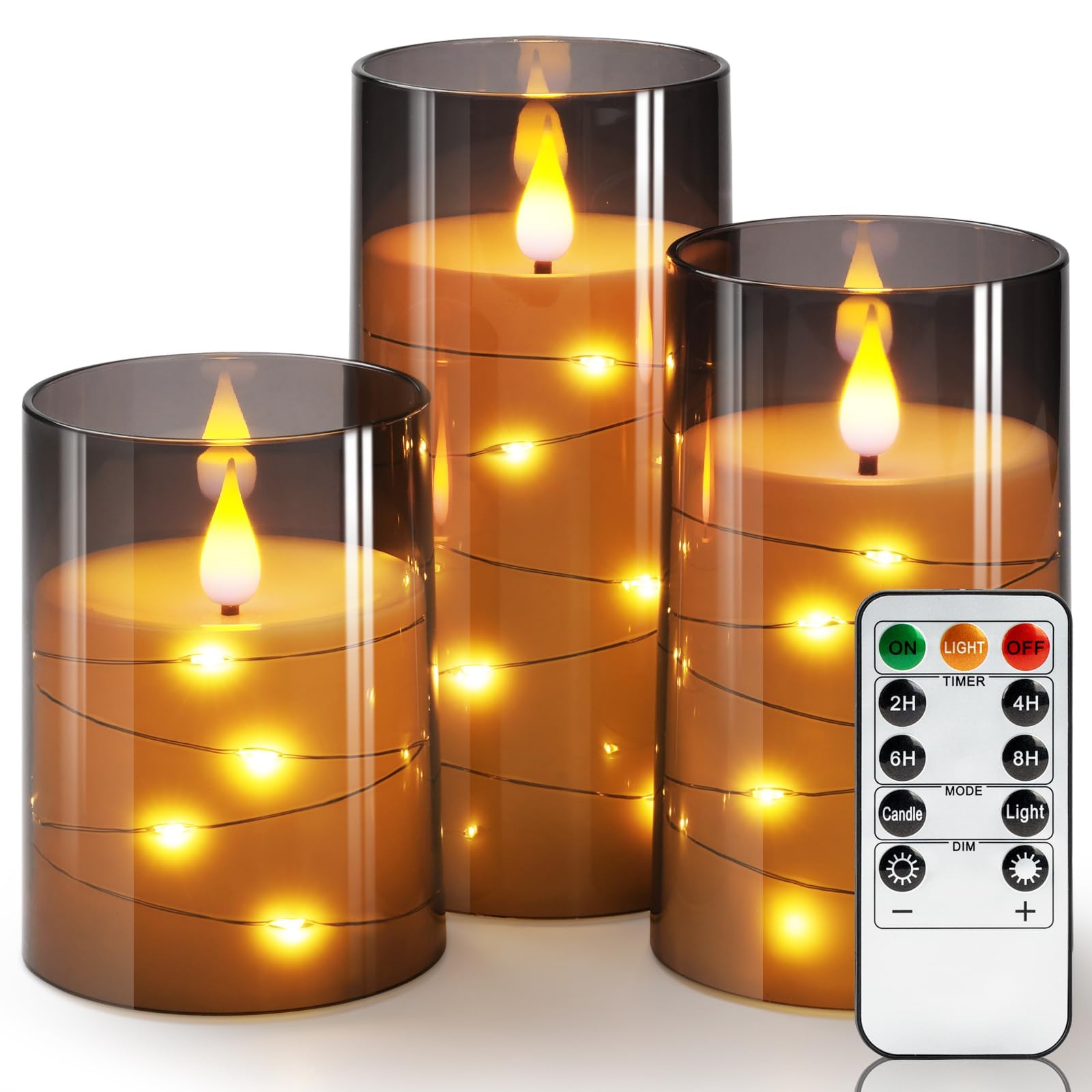 Homemory Grey Flameless Candles Flickering with String Lights, Clear Acrylic Led Candles Battery Operated with Remote Control and Timer for Wedding Home Decor, Realistic 3D Flame, Set of 3