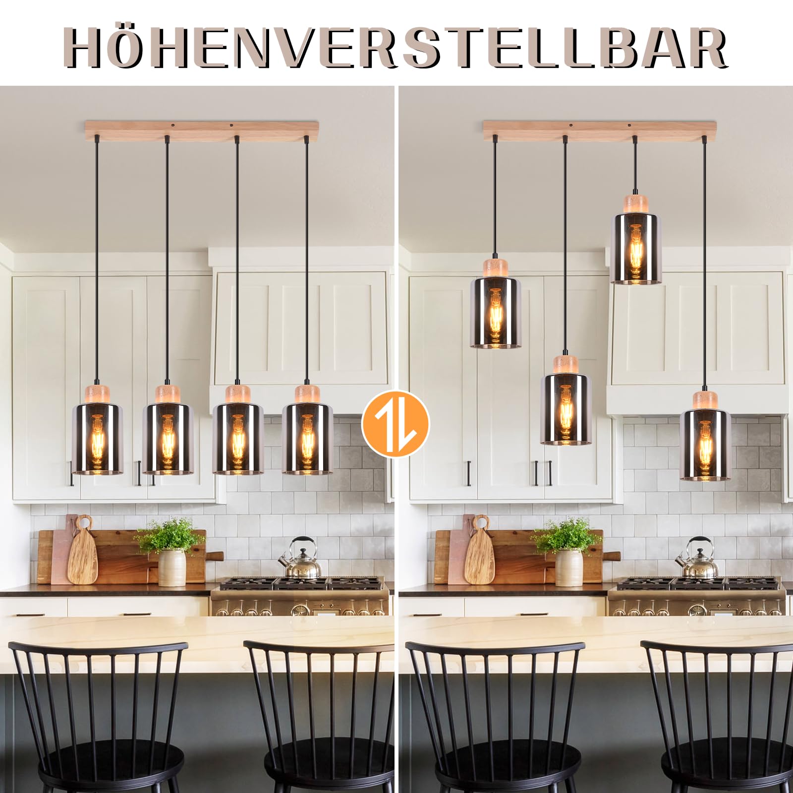 Pendelleuchte esstisch Hängelampe E27: Esstischlampe hängend Holz | Esszimmerlampe 4 flammig retro Vintage Hängeleuchte Rauchglas Pendellampe für Esszimmer Küche - Ohne Leuhctmittel
