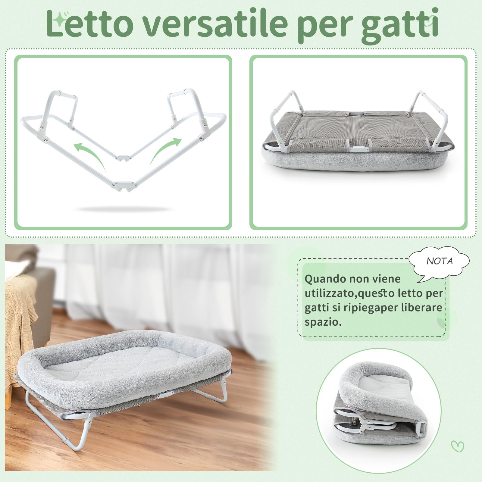 GUUSII HOME Amaca Per Gatti Lettino Gatto Elevato Cuccia Rialzata per Gatti e Cani di Piccola Taglia Animali Pavimento Amaca Gatto Sdraio per Interni Esterni Divanetto Patti 64X40X19cm(Grigio)