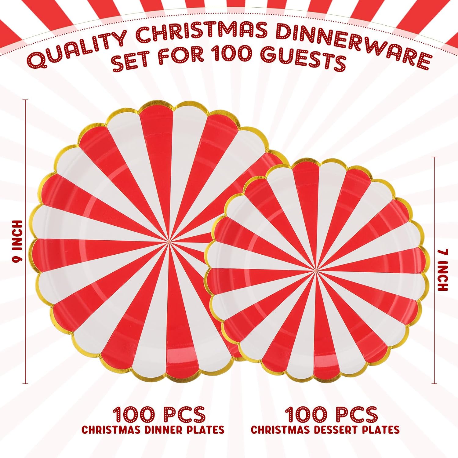 Yungyan 200 Pcs Red Stripe Paper Plates 9/7 Inch Carnival Circus Party Disposable Dessert Plates Decorative Red and White Tableware Carnival Party Supplies Decoration for Birthday BBQ Picnic Holiday