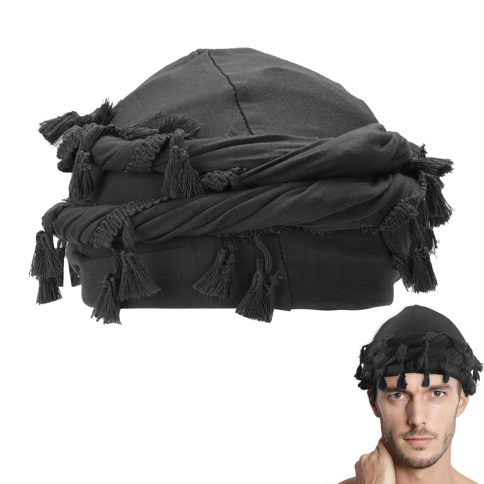 Adorila Cotton Durag Satin Lined Halo Turban Wraps, Unique Design Turban for Men, Tassel Beanie for Causal Life (Dark Grey)