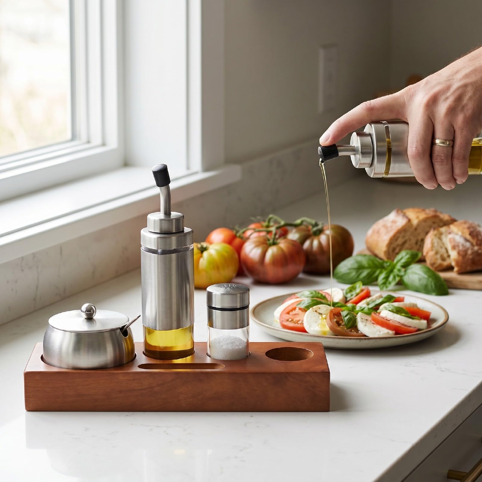 Edelstahl-Gewürzflaschen-Set mit Eichenholzhalter, 4-teiliger Öl-Essig-Salz-Paprika-Spender für die Organisation von Küchentheken und Tischen
