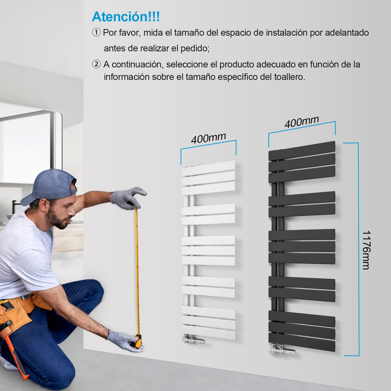 Heilmetz Radiador toallero de Tubo Plano 400 x 1176mm, radiador toallero electrico baño Caliente de una Cara, conexión Lateral para toallero de Agua Caliente,Blanco