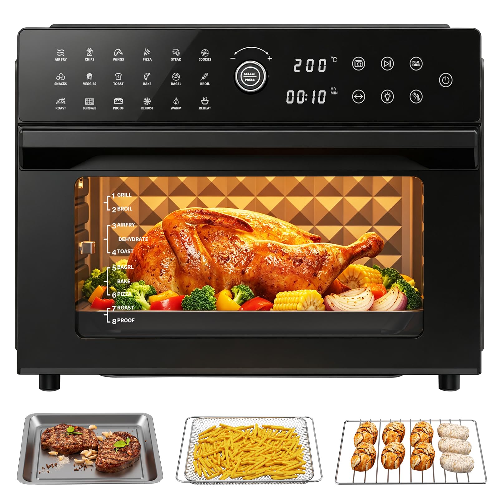 Heißluftfritteuse XXL 30L – Heißluftofen mit Umluft, 18 Programme, 9 Zubehörteile, LED-Touchscreen, Sichtfenster, 1800W, 80-230°C, ohne Öl, inkl. Rezeptbuch