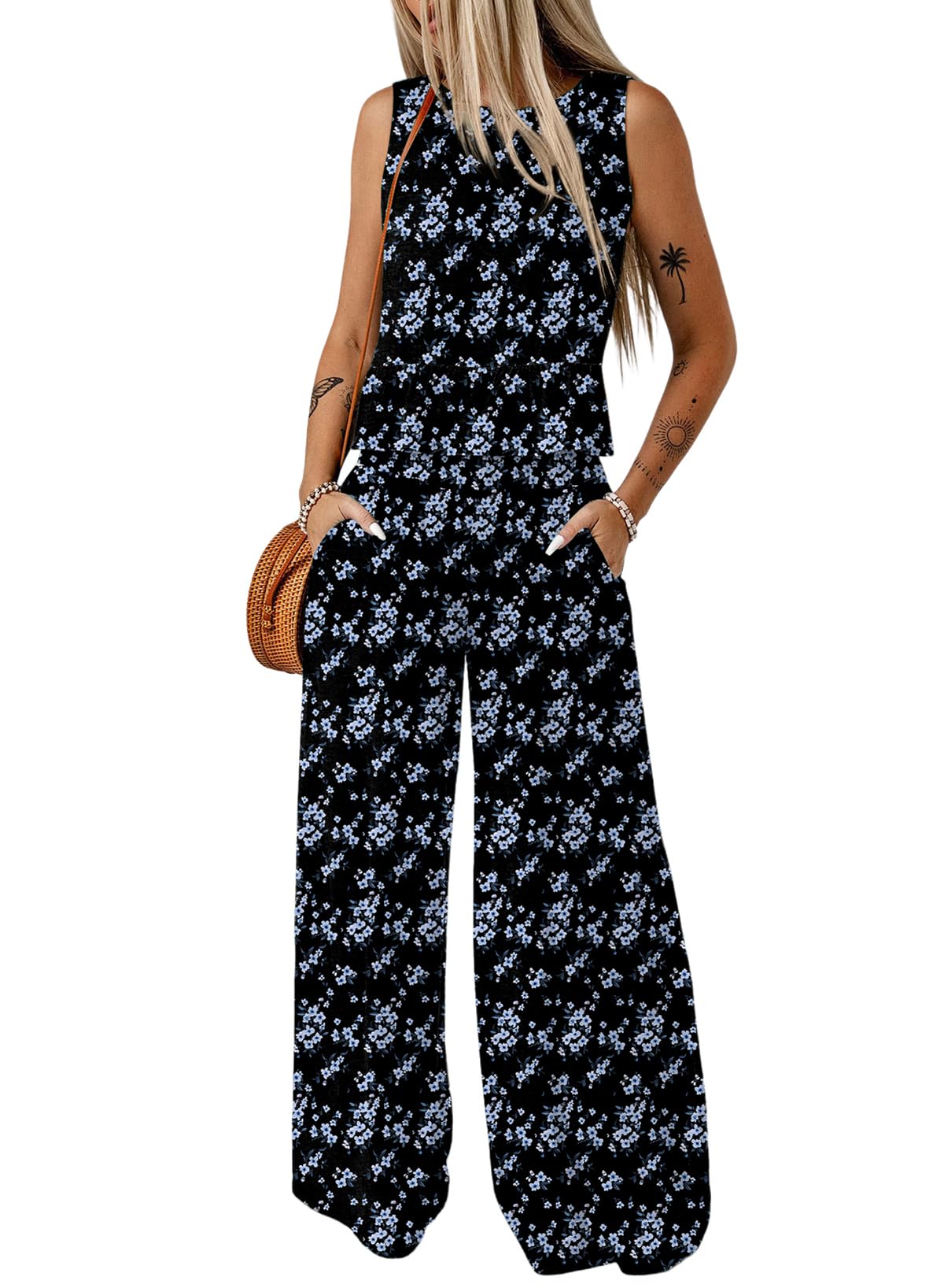 Dokotoo Womens 2 Piece Outfits Tank Tops Elastic Waist Wide Leg Pants Sets