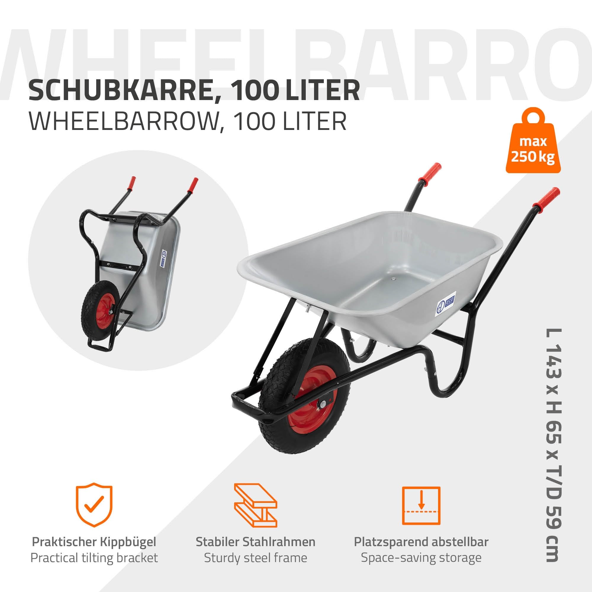 ECD Germany Carriola da Cantiere con Telaio in Metallo e Vasca in Acciaio Zincato Capacità 100 L 250 kg per Trasporto con Ruota in Gomma Pneumatico Diametro 40 cm 16" Manici Lunghi