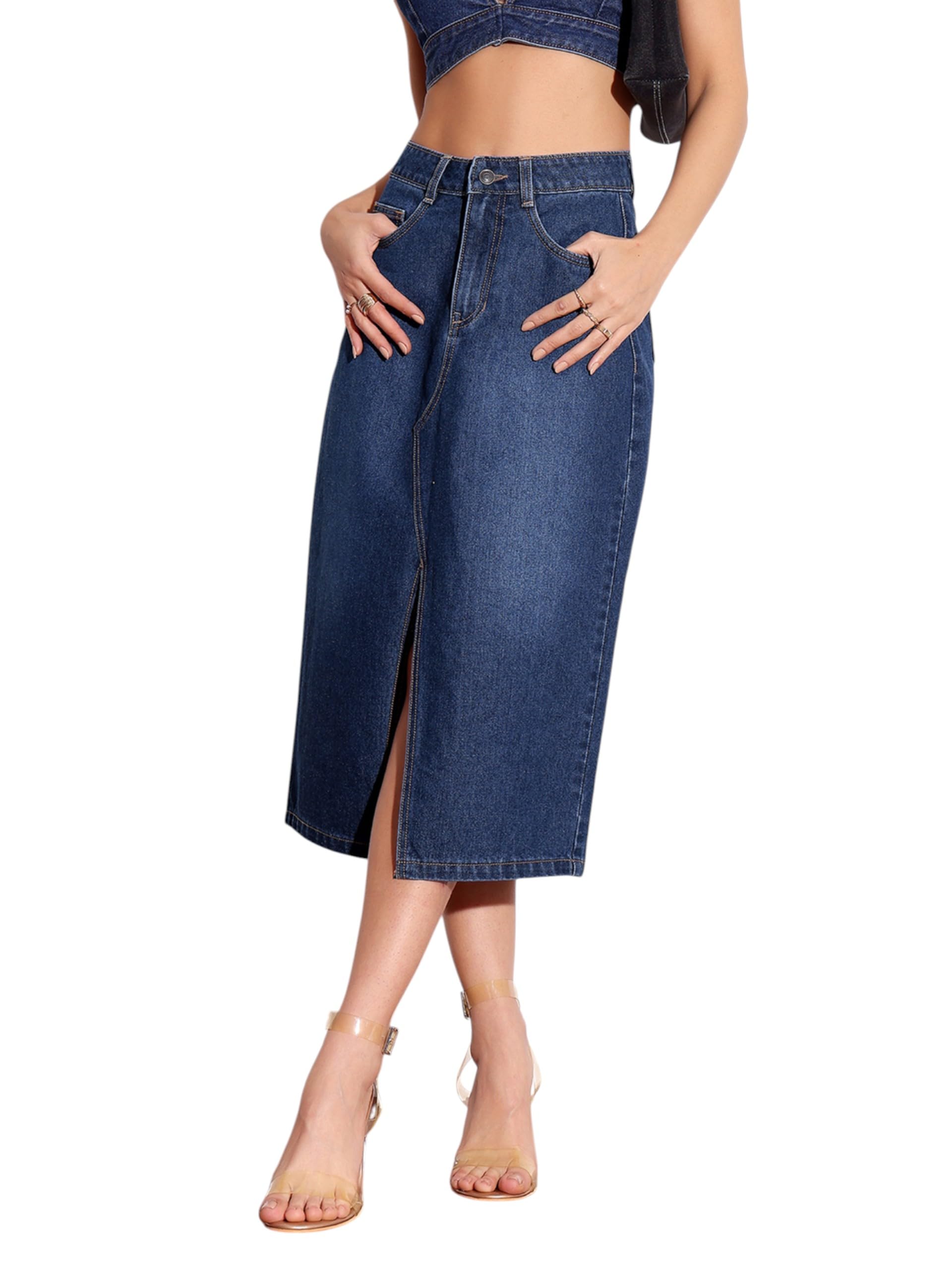 miss chase Women's Straight-Fit High-Rise Stretchable Denim Midi Skirt-picture-19