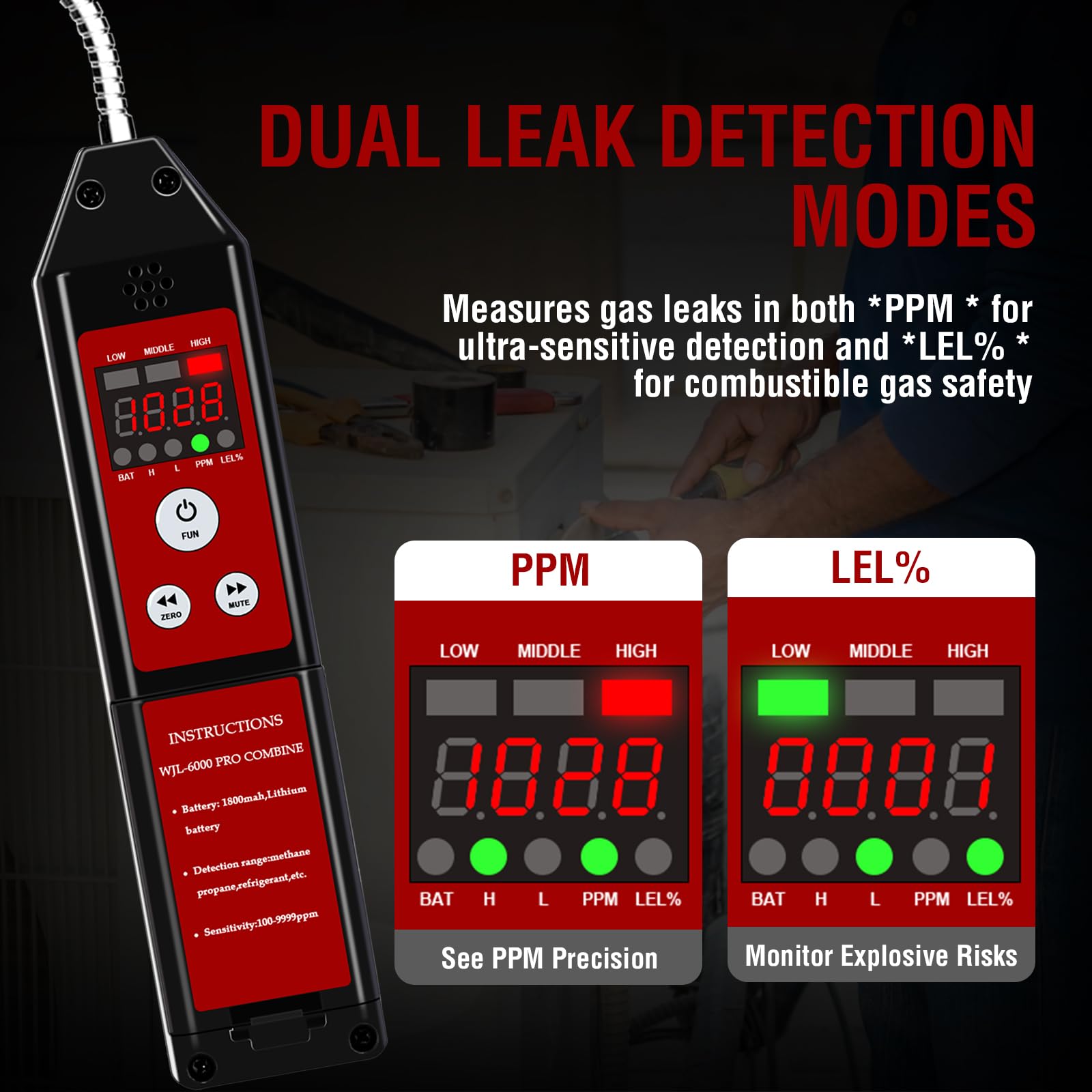 WJL-6000PRO - Detector de gas natural combustible, detector de fugas de gas natural, HVAC con alarma audible y visual, comprobación de fugas combustibles como propano, metano, butano para el hogar