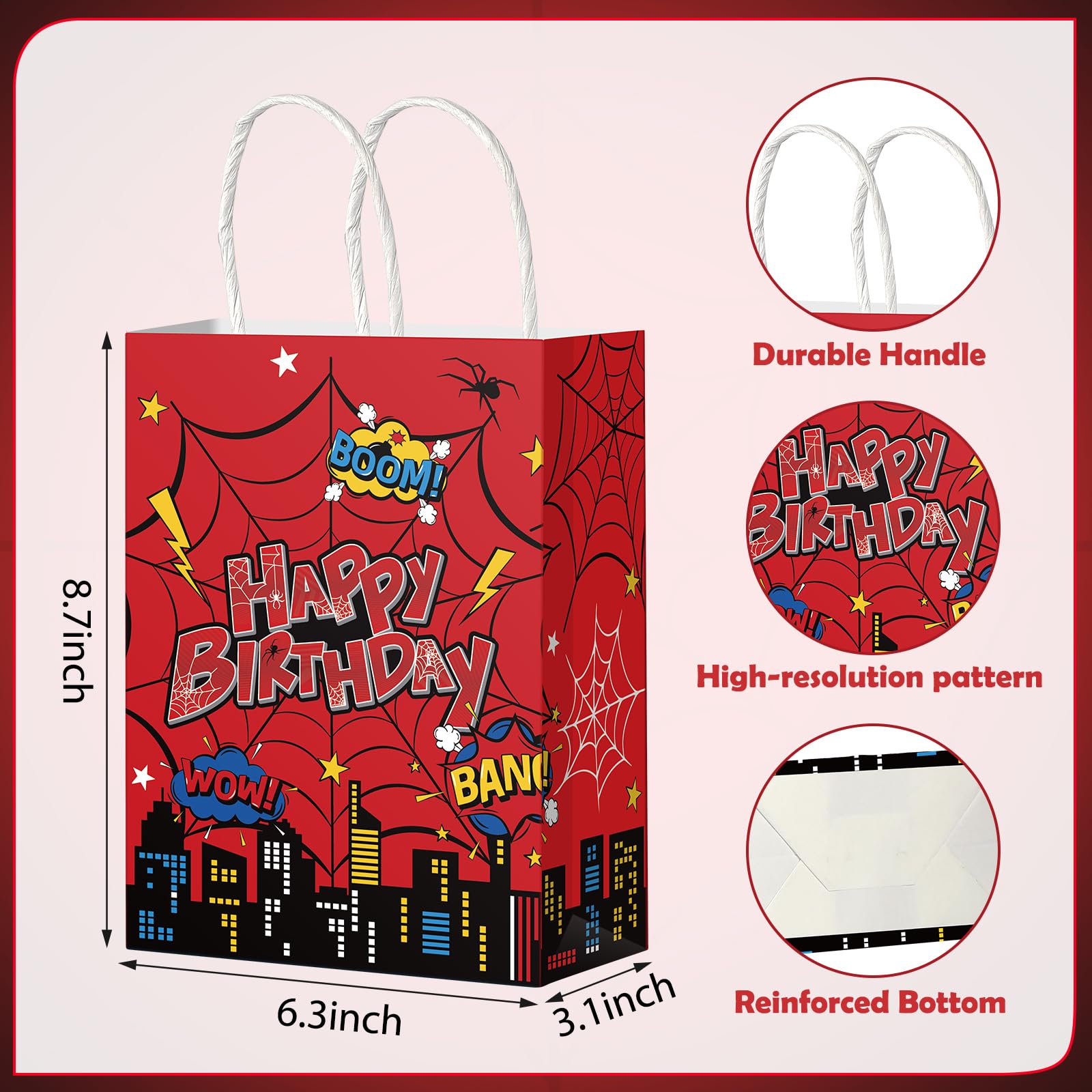 Denwiller 24 Pcs Red Spider Birthday Party Favor Bags with Handles, Happy Spider Candy Goodie Bags Red Gift Treat Wrapping for Boy’s Birthday Cartoon Party Supplies