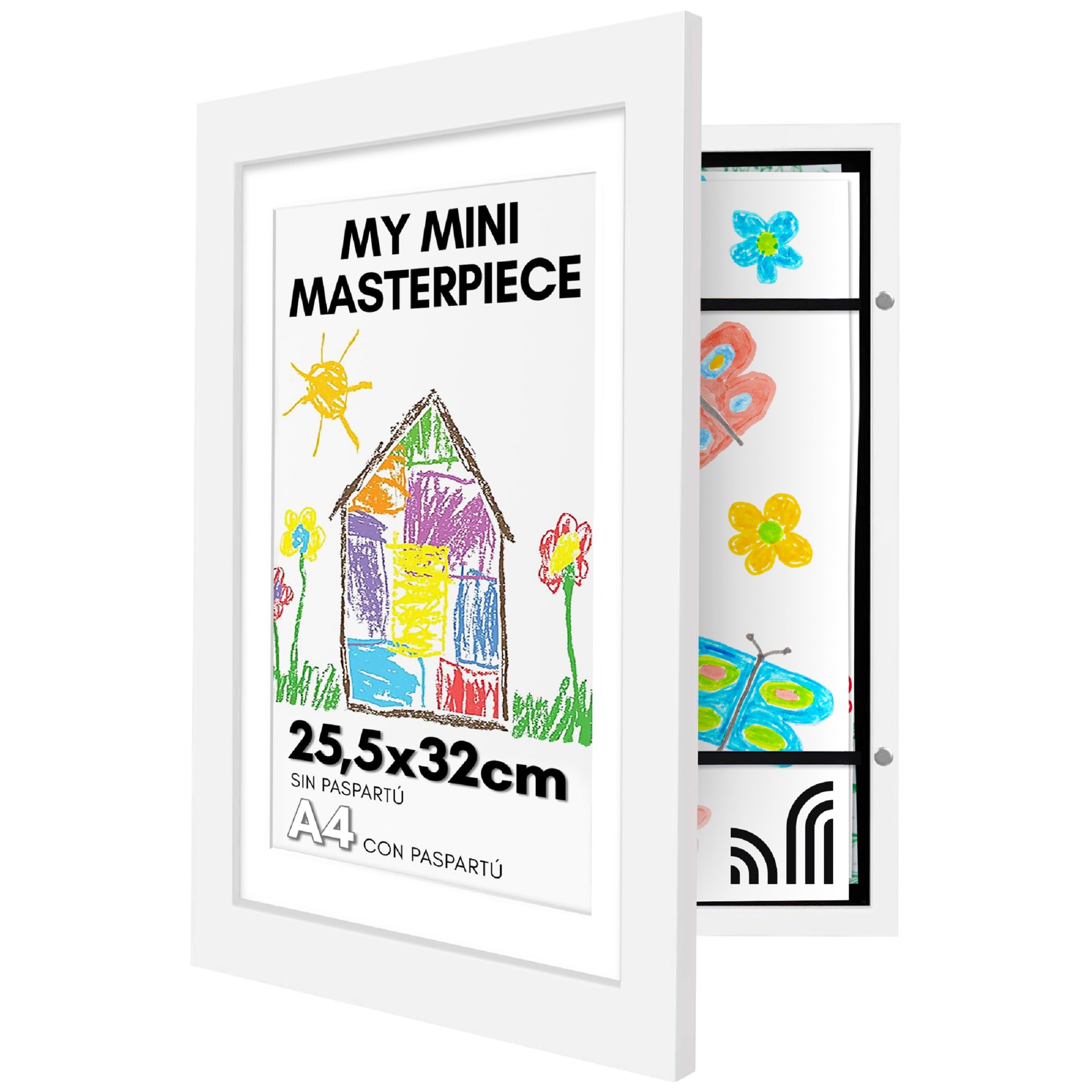 Americanflat Marco A4 Dibujos Infantiles MDF Blanco - Cuadro de Almacenamiento para Niños, para Proyectos de Arte, Puzzles, Fotos y Decoración