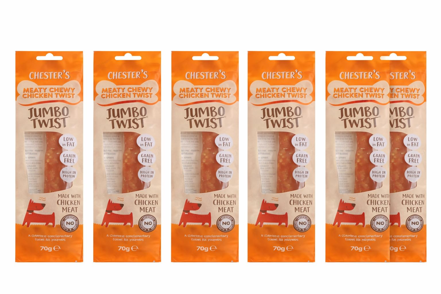 Chester’s Jumbo Twist Dog Treats 6 Pack – Meaty Chewy Chicken Twists, High Protein, Grain Free, Low Fat, Long Lasting Dog Chews, Resealable Packs