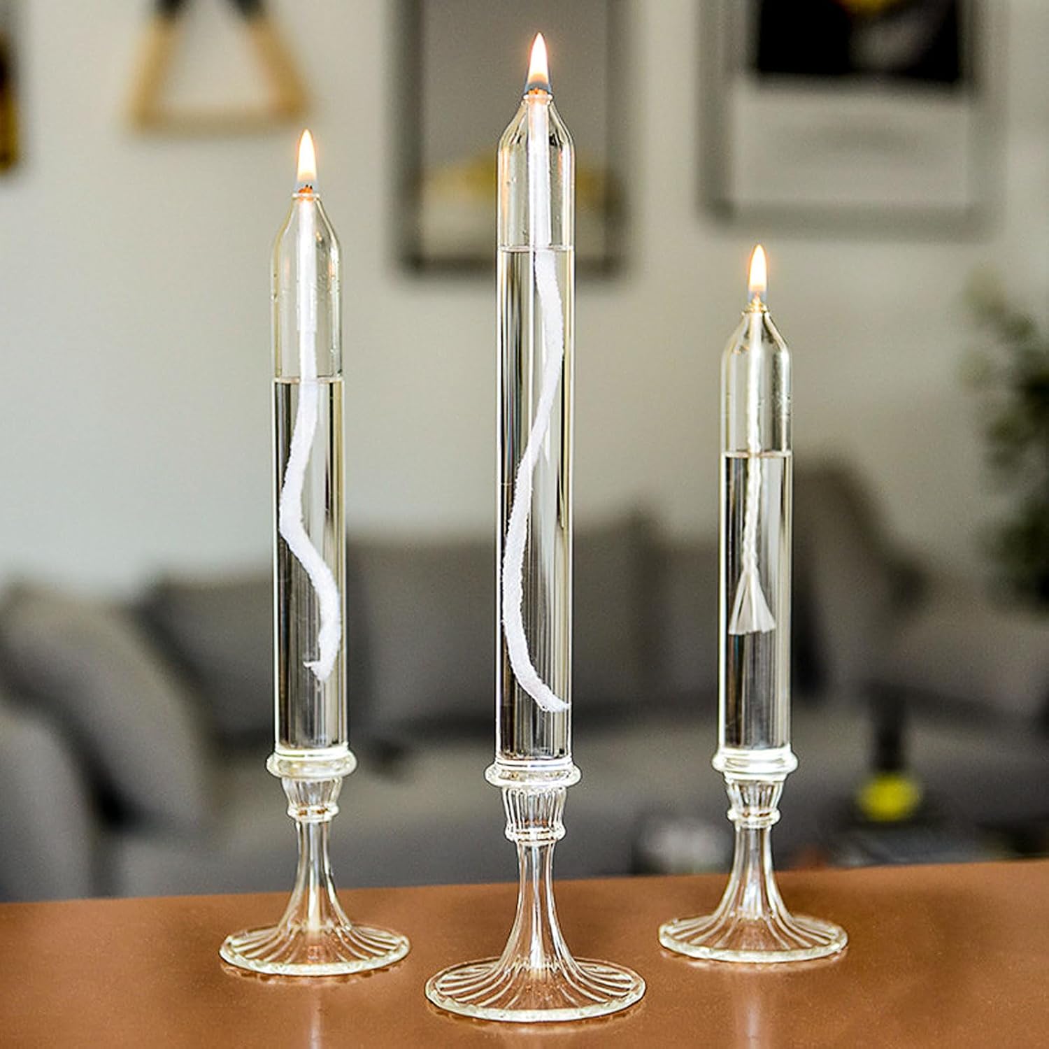 Glass Oil Candle Set of 3, Refillable, Indoor Emergency Lighting, Smokeless and Odorless Clear Glass