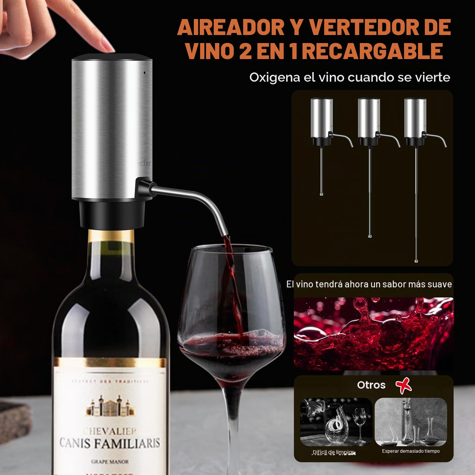 Sacacorchos Eléctrico Recargable, Regalo Set 4 en 1 Abridor de Vino Automático de Acero Inoxidable, Saca y Expulsa el Corcho con un Botón, Aireador Eléctrico de Vino, Tapón de Vacío
