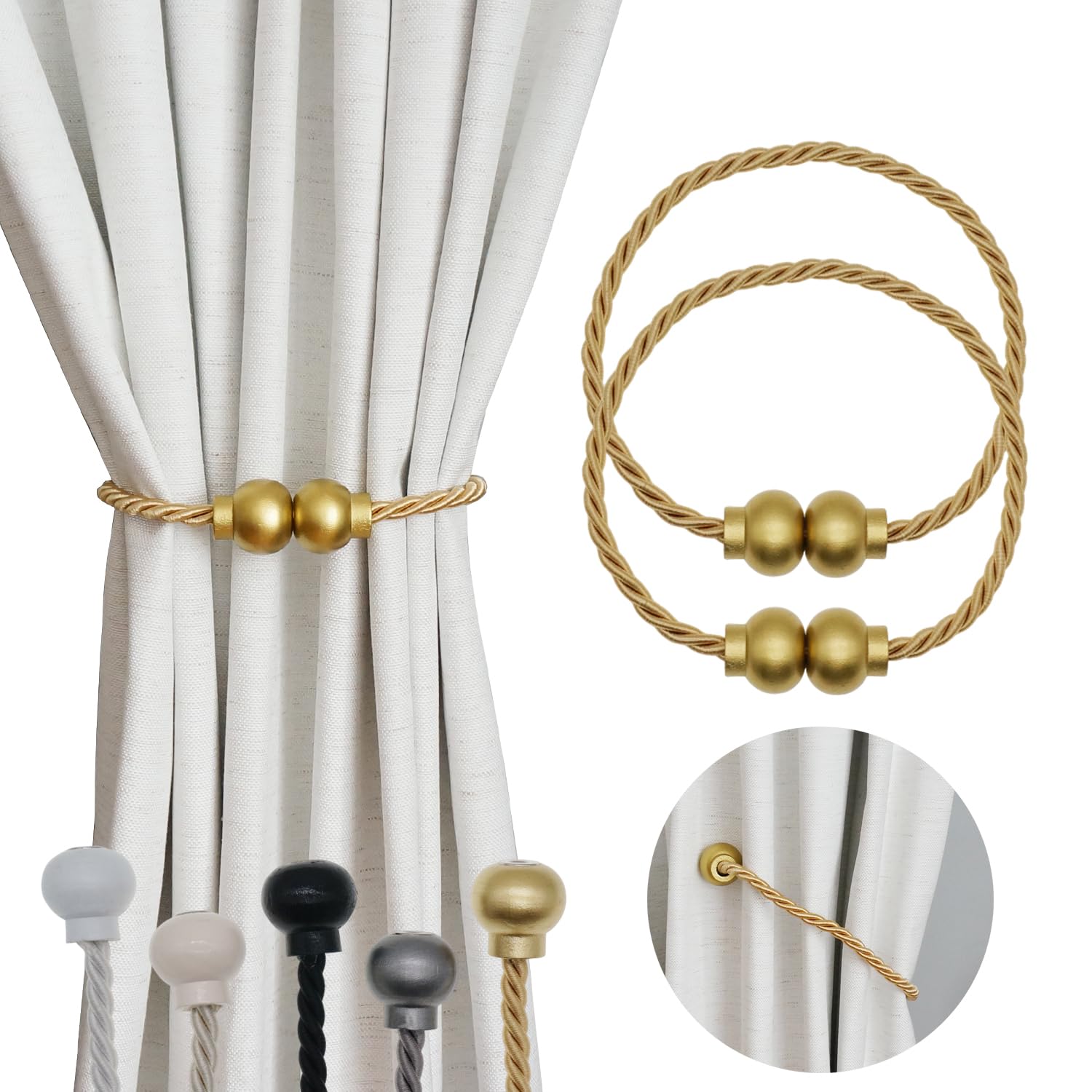 2 Pack Magnetic Curtain Tiebacks Modern Handmade Rope Curtain Tie Backs Decorative Drapes Weave Holdbacks for Home Outdoor Bedroom Office Decorative Curtain, Gold