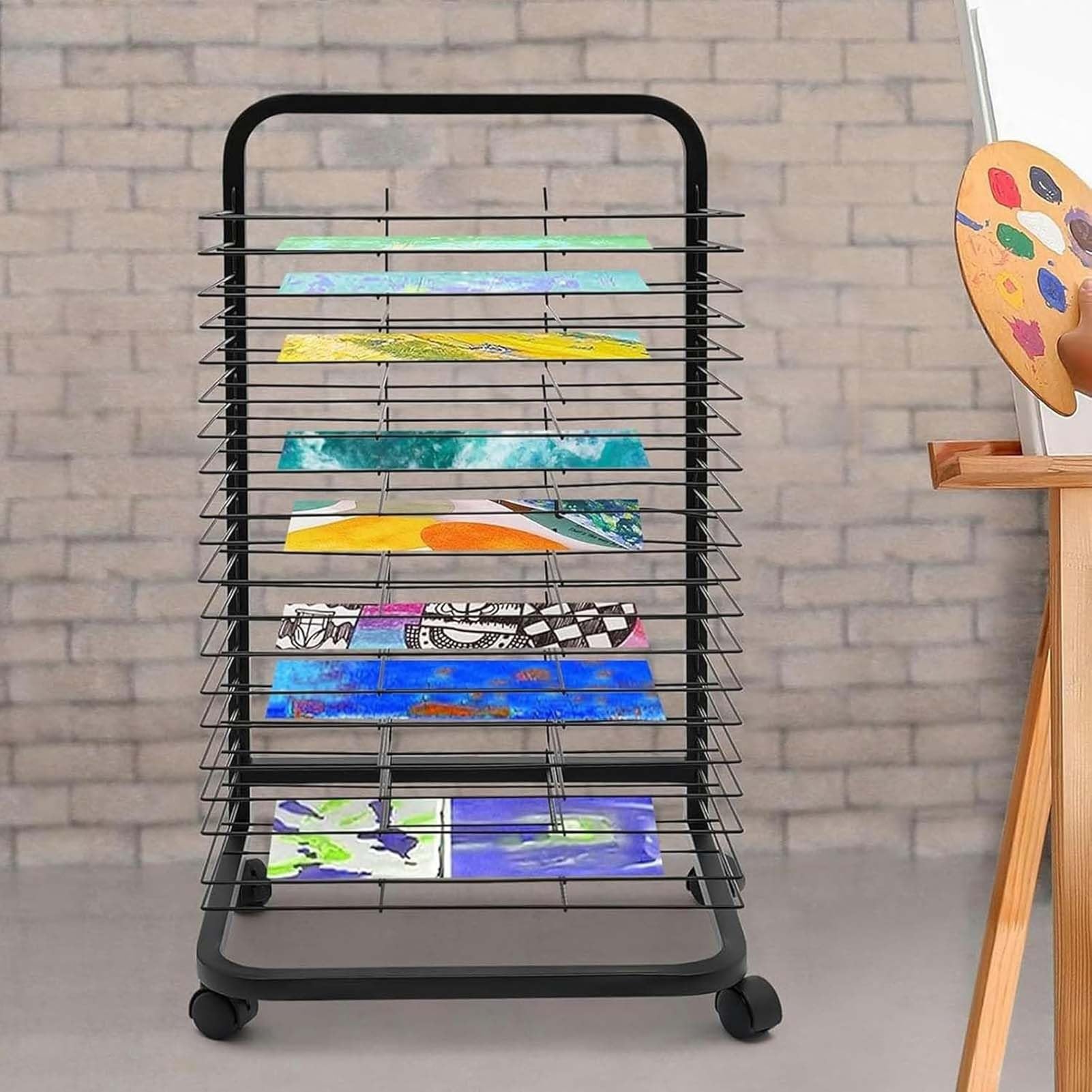 THEGA Mobile Wide Art Drying Rack For Classrooms, Art Studio, 20/25/30/35 Removable Shelves, Solid Metal Paint Drying Rack Artwork Storage Display Rack