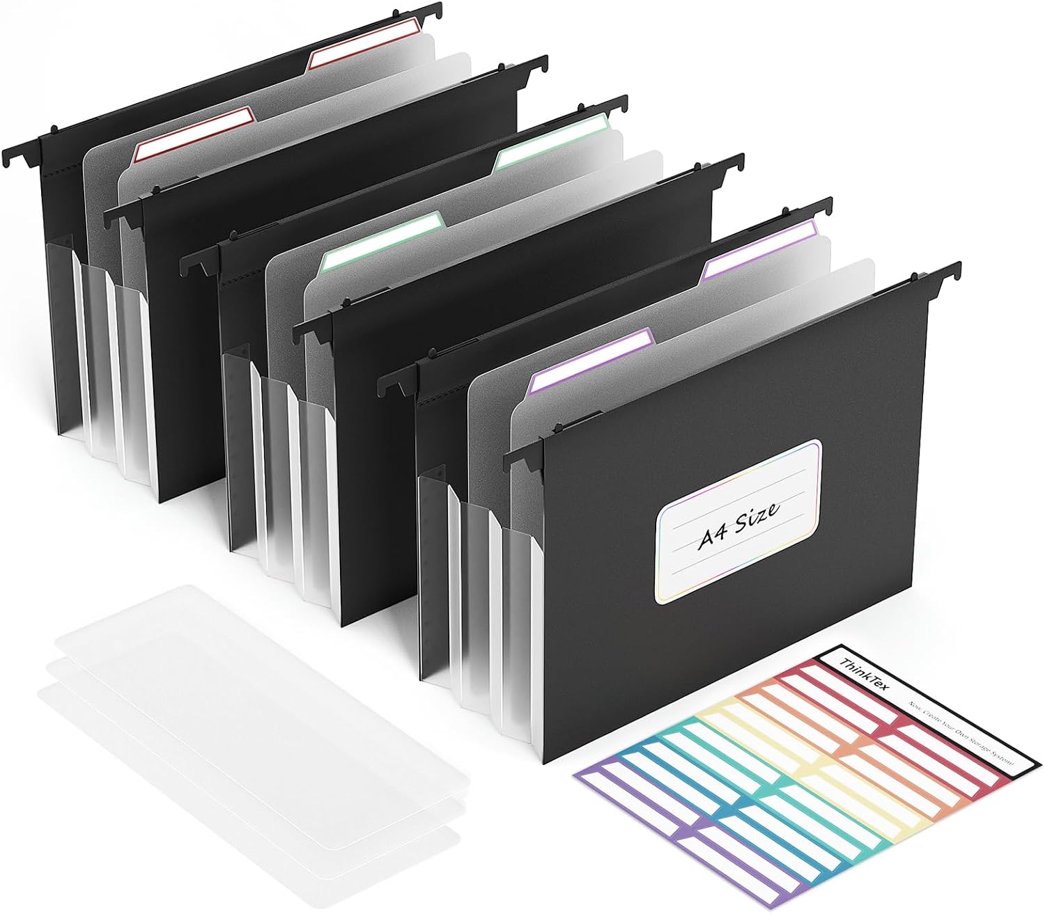 ThinkTex Pack of 3 Suspension Files A4 Sturdy 12 cm Wide Expandable Hanging Files with Retractable Hooks Large Capacity Hanging Folder Black