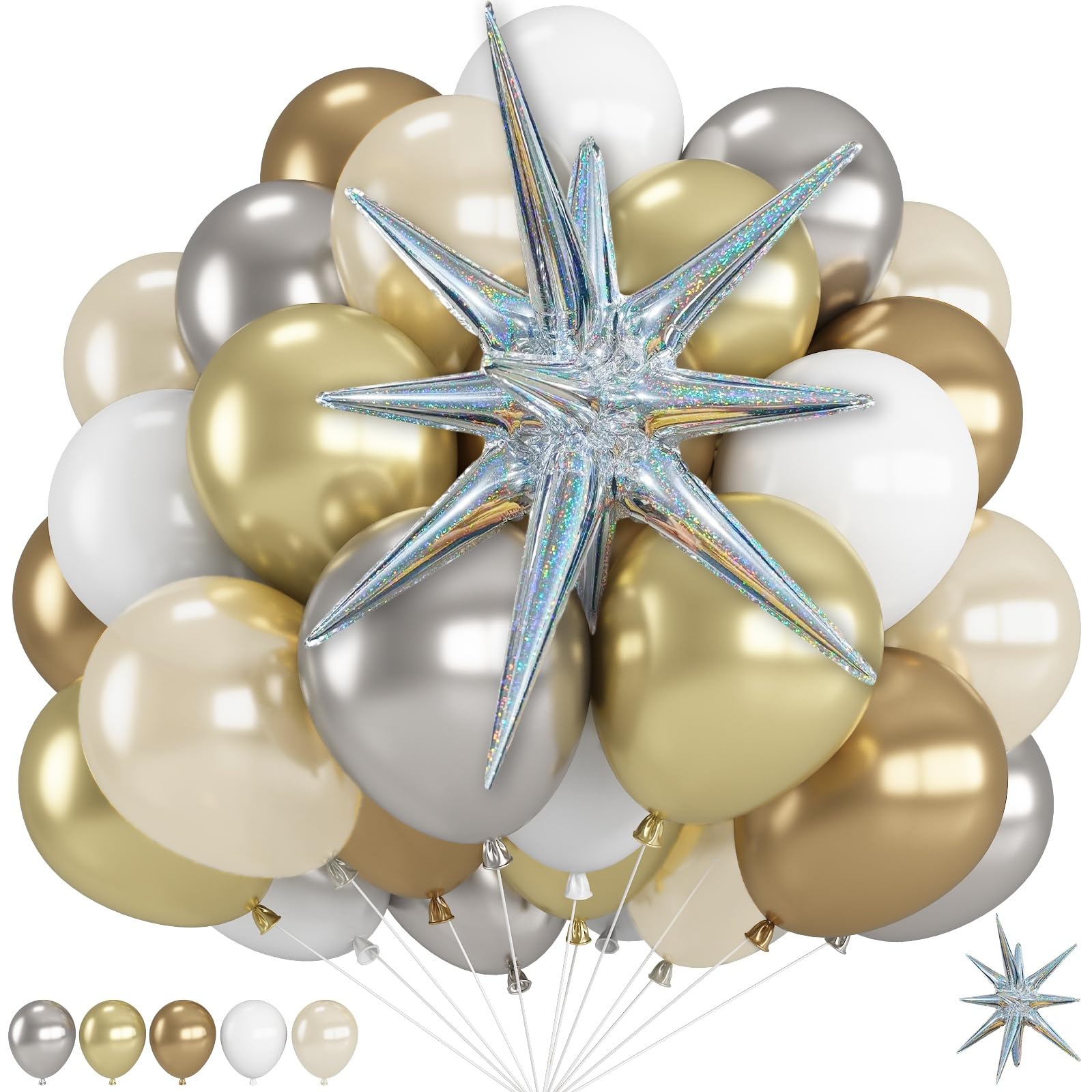 Weihnachtsballonbogen-Set, 30,5 cm, goldfarben, silberfarben, weißer Ballon mit silbernem Starburst, Helium-Mylar-Folienballons für Weihnachten, Neujahr, Urlaub, Hochzeit, Jahrestag, Geburtstag
