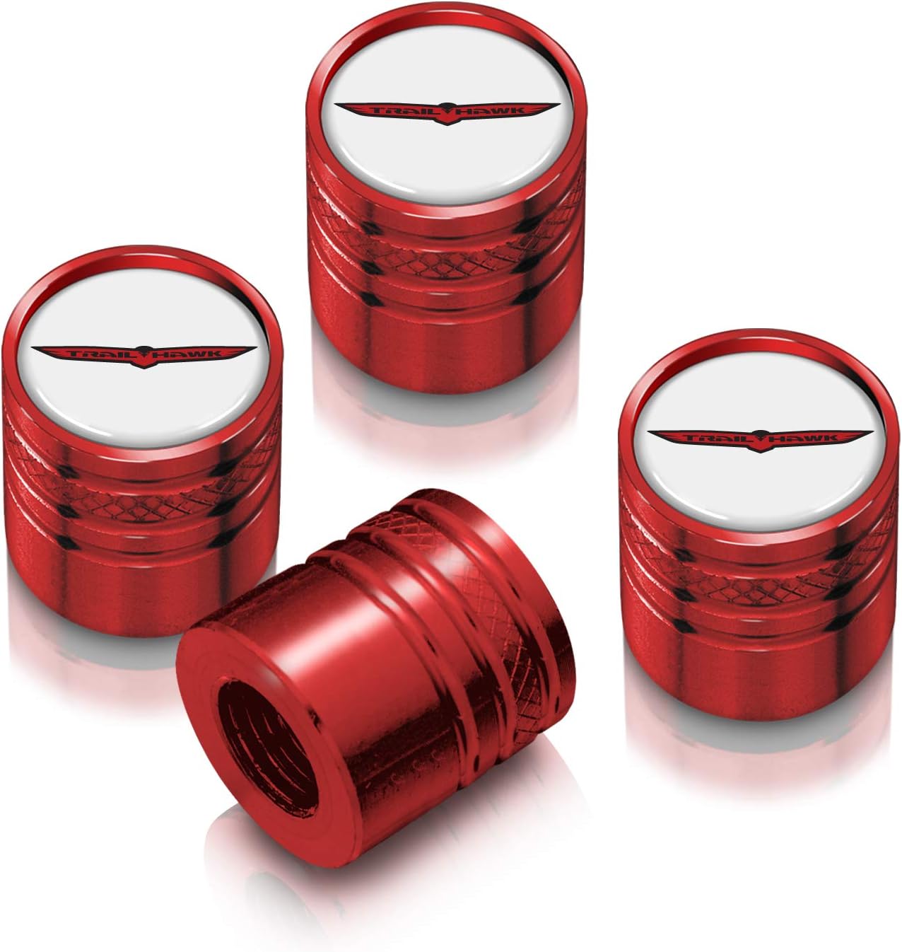 iPick Image for Jeep Trailhawk in White on Red Aluminum Cylinder-Style Tire Valve Stem Caps
