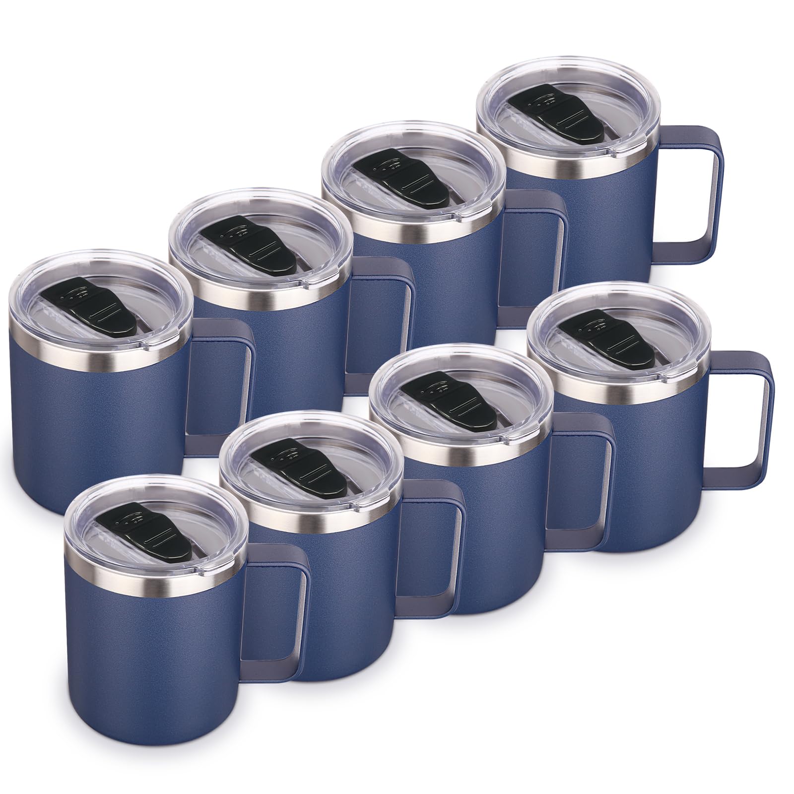 Volhoply Taza de café aislada de acero inoxidable de 14 onzas con tapa, paquete de 8 unidades, taza de café de viaje al vacío de doble pared con asa, vaso térmico de metal reutilizable, tazas de