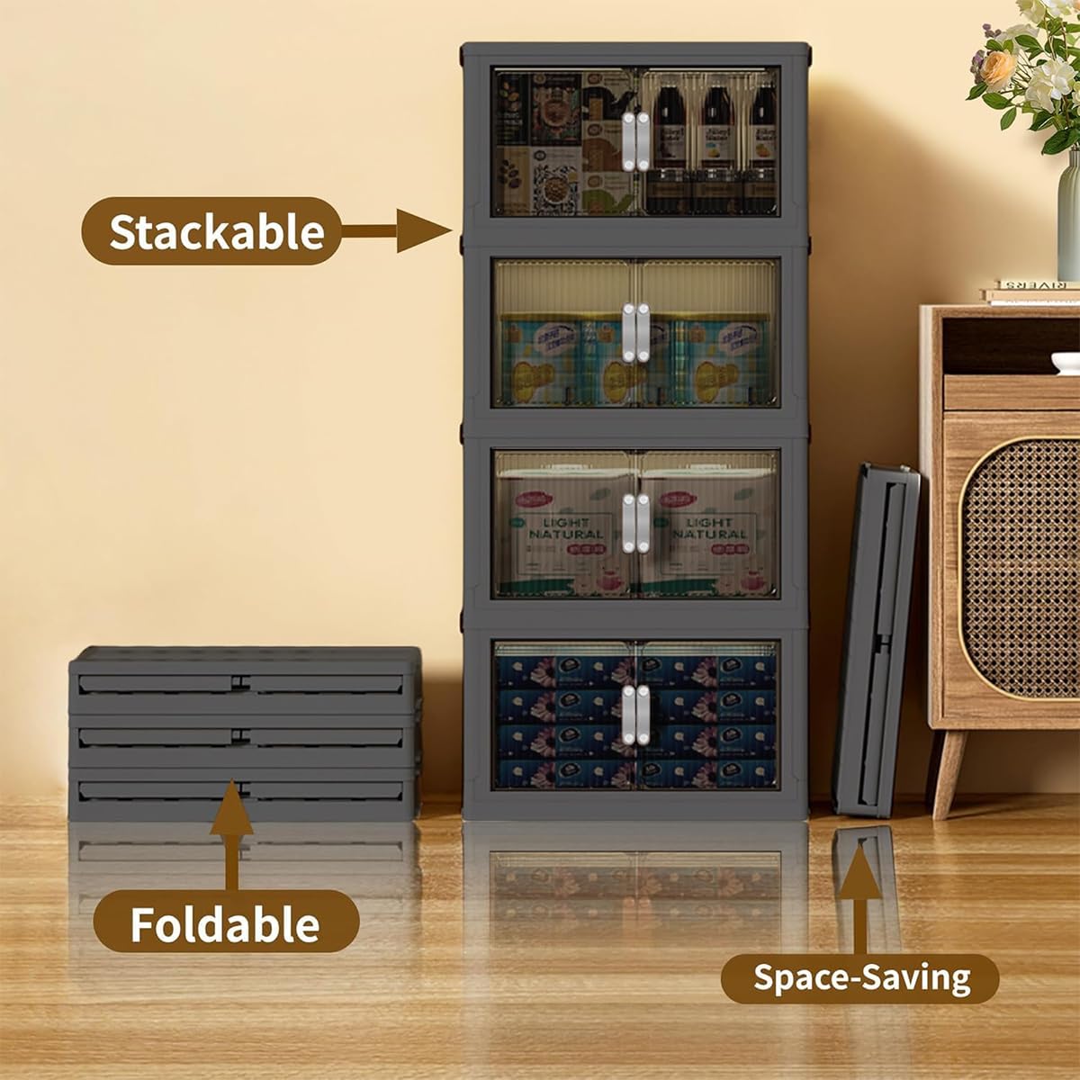 Collapsible Stackable Storage with Translucent Front Door, Large Plastic Foldable Container Bins Locking Wheels, Easy-Access Storage Organizer for Bedroom Garage Home Organization L Gray 5T