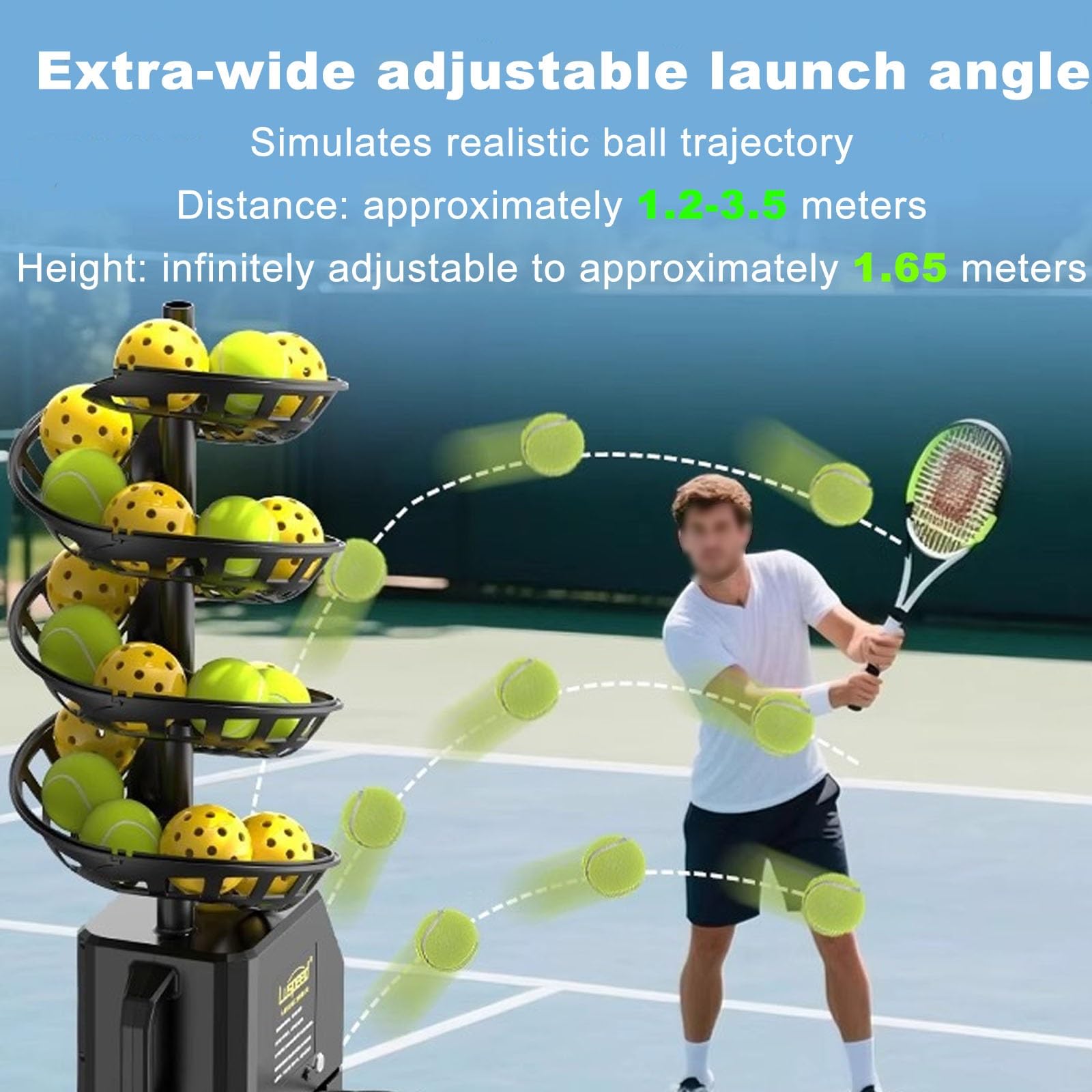 Macchina per palline da tennis con angolo regolabile, consegna della palla ciclica, batteria al litio da 5200 mAh, regolazione in altezza da 1,2 a 3,5 m per allenamento e pratica