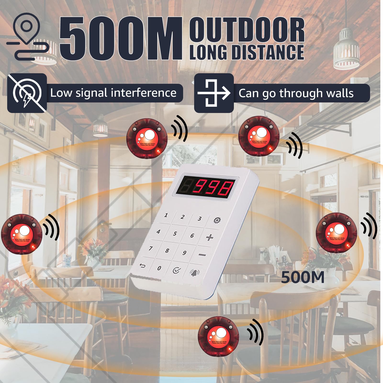 Retekess TD158 Bezprzewodowy System Przywoławczy, 30 Buzzer Pagera, Zasięg Zewnętrzny 500M, Wyświetlacz LED w Kształcie Tuby, 4 Tryby Połączenia, Czas Trwania Połączenia 1-250 s, Hotel