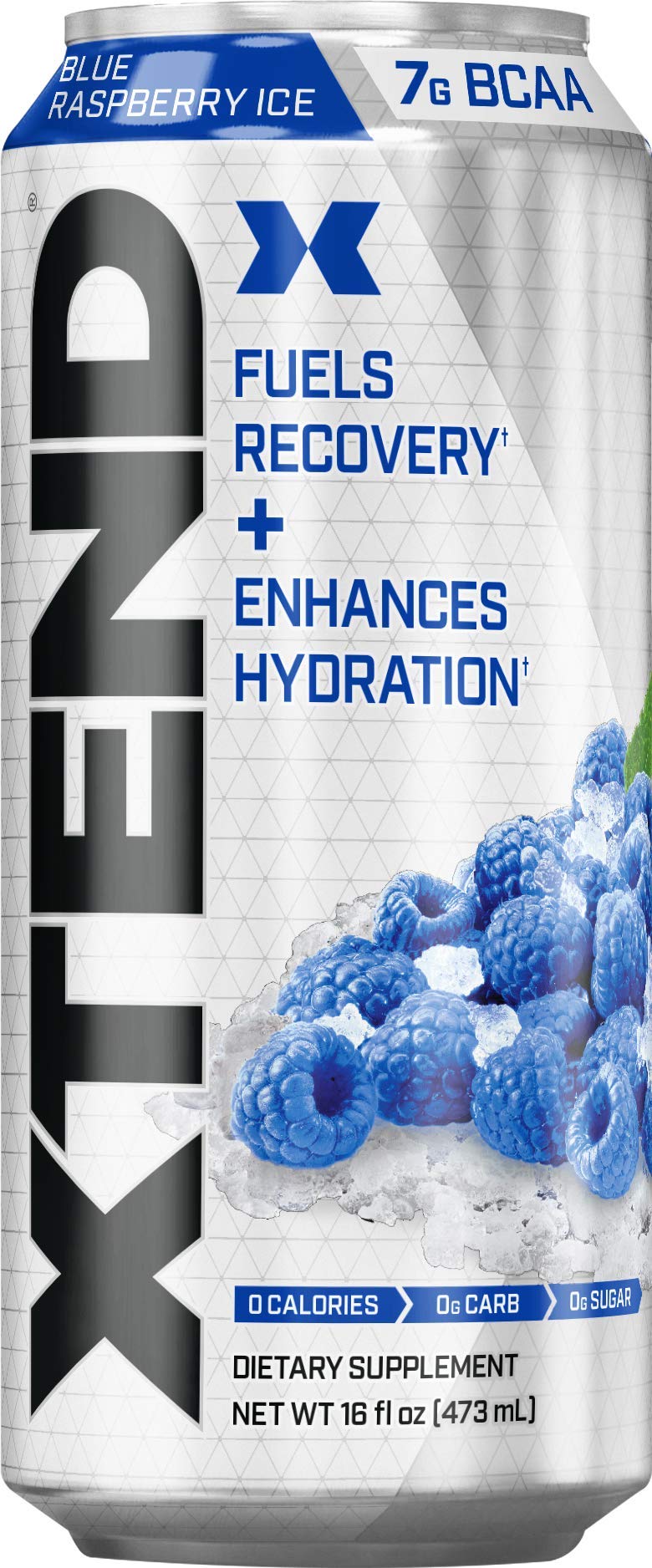 XTEND Carbonated Zero Sugar Hydration & Recovery Drink, Branched Chain Amino Acids, Electrolytes + Performance BCAAs, Blue Raspberry Ice, 16 Ounce Cans (Pack of 12)