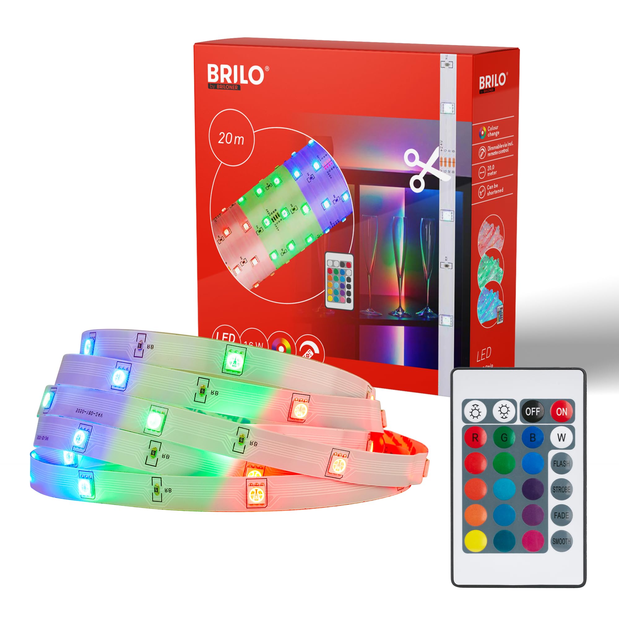 BRILONER - LED Strip 20m mit Fernbedienung, RGB bunte Lichtfarben, Selbstklebend, LED Streifen, Leiste, Zimmer Deko, Gaming, Band, Party Deko, Lichtleiste, Lichtband, Weiß