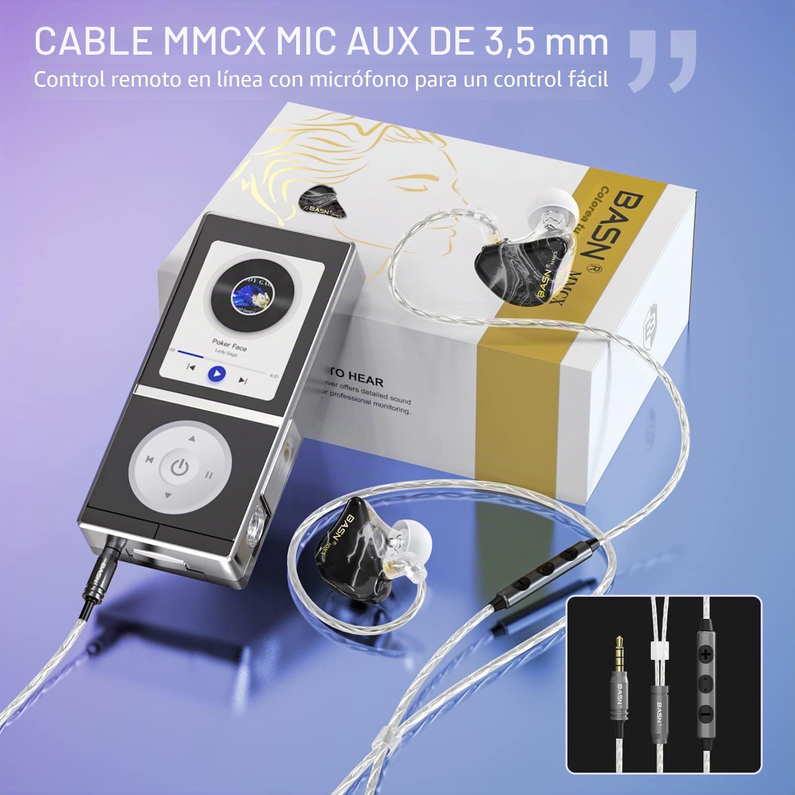 BASN MMCX Monitores intrauditivos triples bajos ricos, auriculares HiFi estéreo IEM cables extraíbles mejorados para audiófilos músicos (porcelana negra)