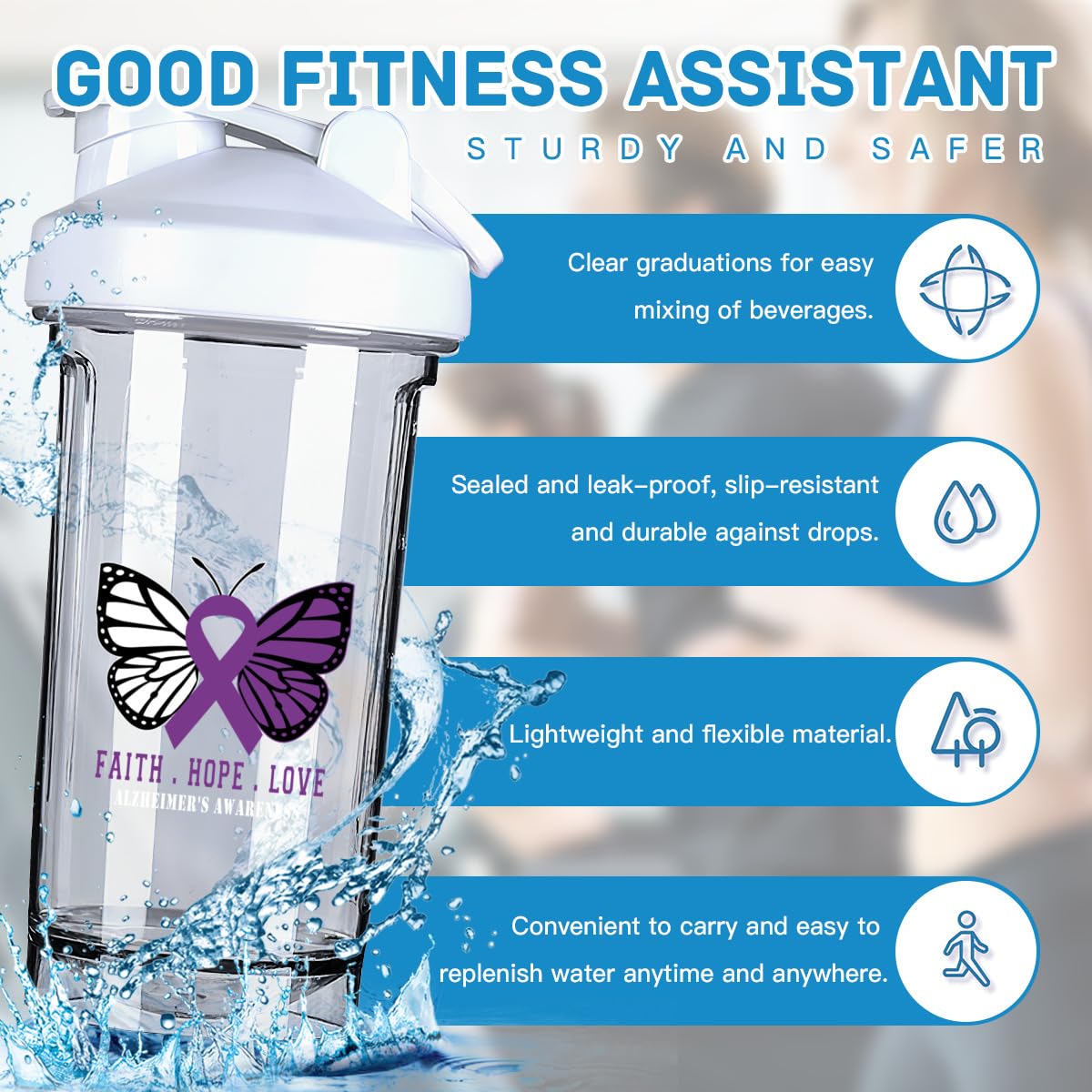 Butterfly Alzheimer's Awareness 18 Ounce Shaker Bottle Drink Mixer Leak-proof Pre Workout Protein Shakes Meal Replacement Shakes Bottles 500ML/18 Oz White&-3&-3&-3