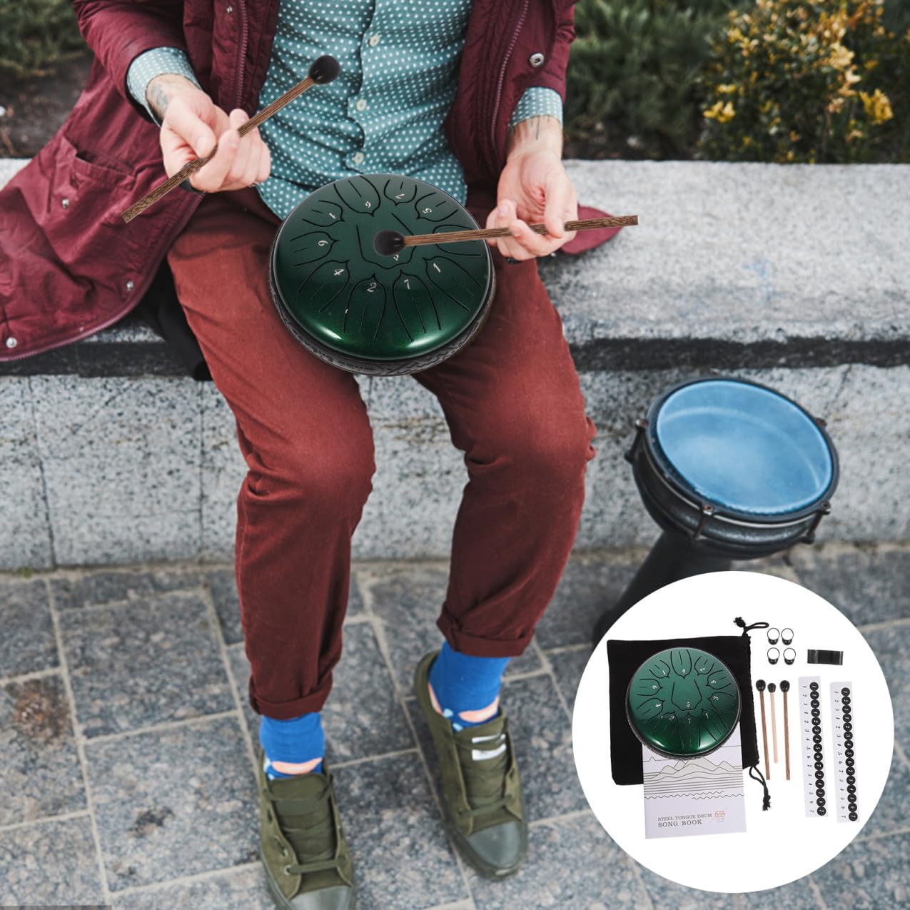 Kinderinstrument Tasche Drum 6 Zoll 11 Töne Stahlzungentrommel | Grün, mit Schlägel und Sticks, für Kinder, Lernspielzeug mit Ruhigem Klang, Fördert Konzentration