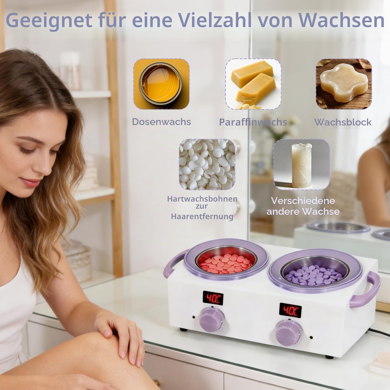 Dualer Wachserhitzer mit elektronischem Display, 2x500ML Gesamtkapazität, Doppelwachs-Topf, 220 W Wachserhitzer zur Haarentfernung mit einstellbarer Temperatur, ideal für Zuhause, Salon