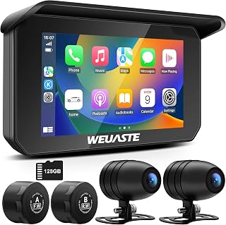 Portable Motorcycle Dash Cam, Motorcycle TPMS, Wireless Apple Carplay & Android Auto GPS Navigation for Motorbike, 5" IPS Moto Carplay Waterproof Touchscreen, G-Sensor, Bluetooth, 128G SD Card