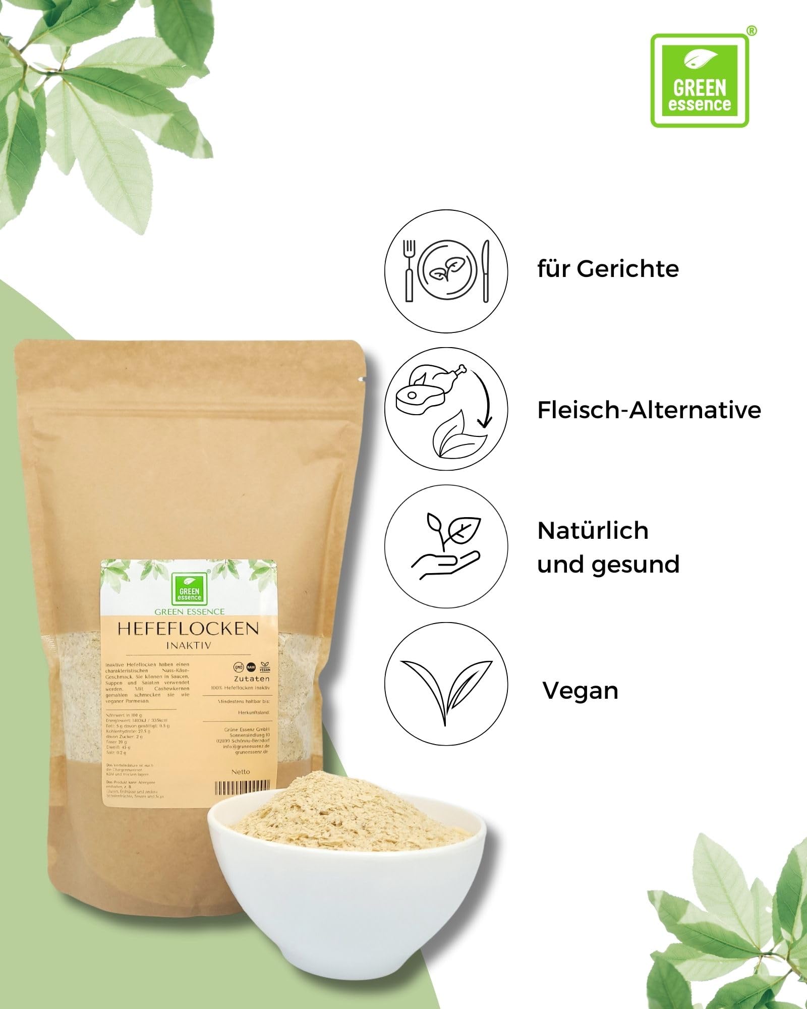 Inaktive Hefeflocken 1Kg von Green Essence - Nuss Käse Geschmack - vegan - zum Kochen, Backen - Alternative für Käse - Hefe Flocken Premium Qualität (2x 500 Gramm)