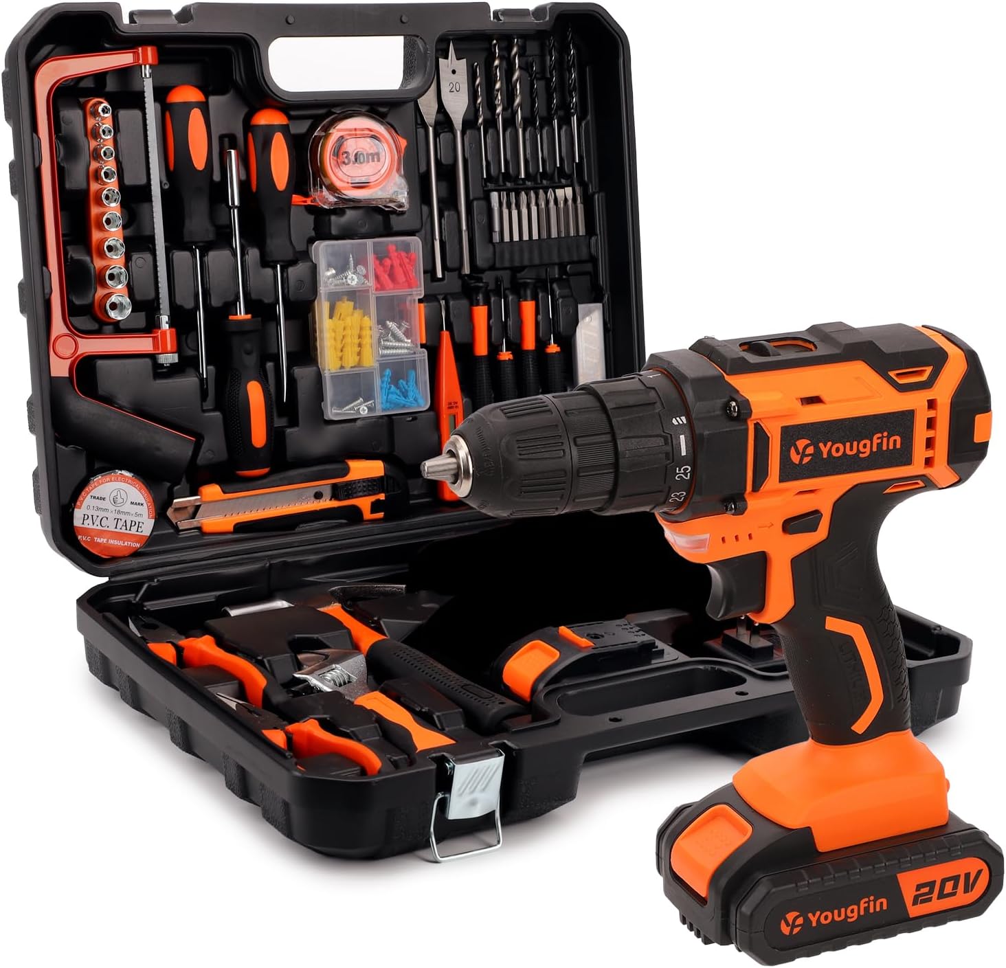 Yougfin Tool Kit with Drill 20V Cordless Power Drill with 2 Batteries & Charger Drill Sets Combo Kit for Men 114 pcs Household Hand Tools for Home Apartment Dorm Repair Orange & Black