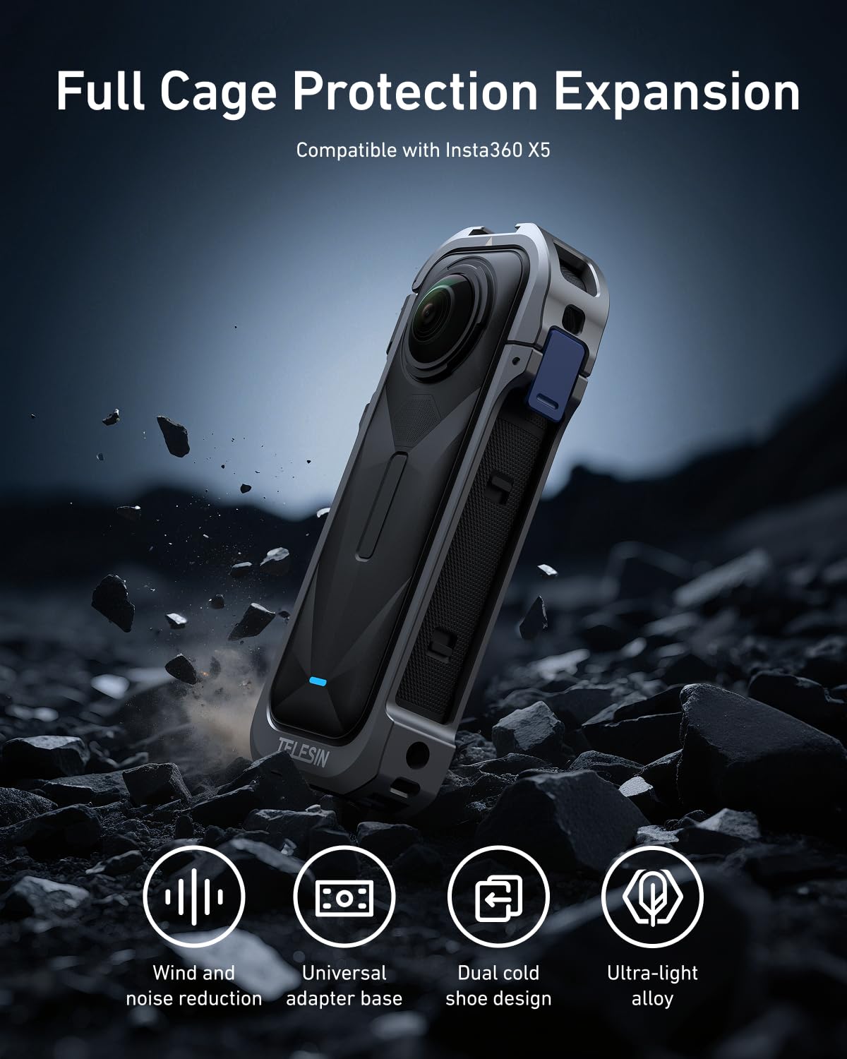 TELESIN Aluminiowa osłona + silikonowa osłona obiektywu do Insta360 X5, but zimnego światła