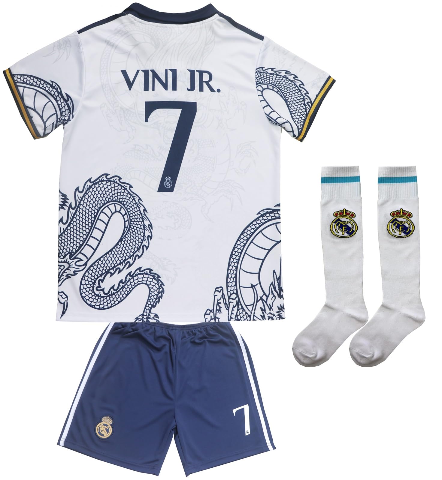 2023/2024 Vini Jr. No #7 Madrid Special Dragon Edition Kids Soccer Jersey Shirts Football Futbol Socks Set Youth Sizes