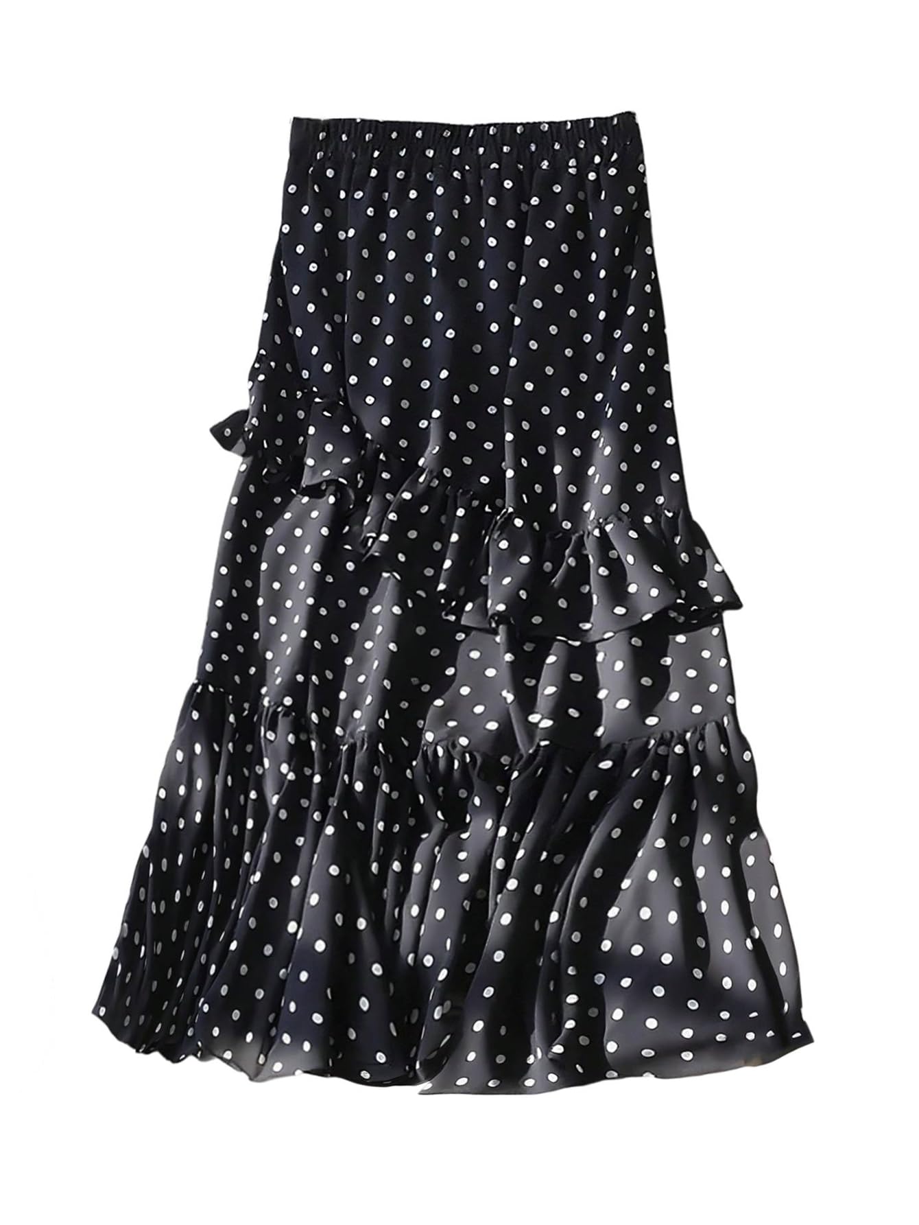 Milumia Womens Polka Dots Asymmetrical Ruffle Hem Skirts Tiered Flared Elastic Waist Midi Skirt