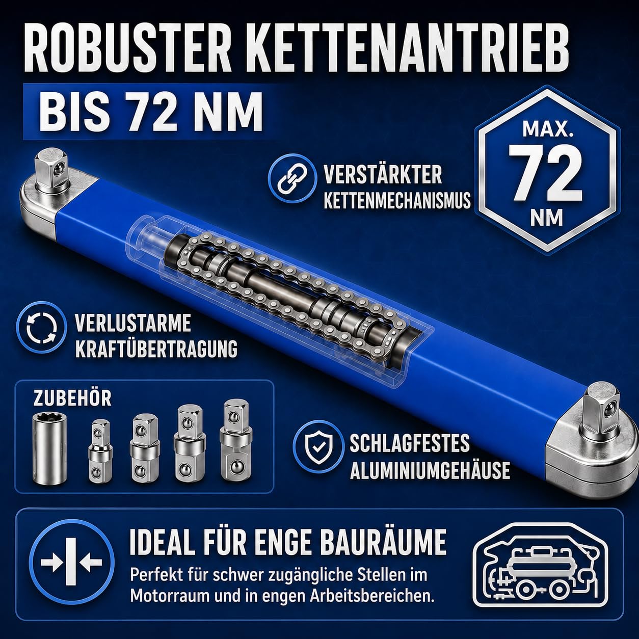 Schraubwerk Offset Schlüssel, Offsets Extension Wrench 39 cm (15 Zoll) Gekröpfter Verlängerungsschlüssel mit 1/4", 3/8", 1/2" Adaptern – Ideal für enge Räume im KFZ-Motorraum – Offset Adapter
