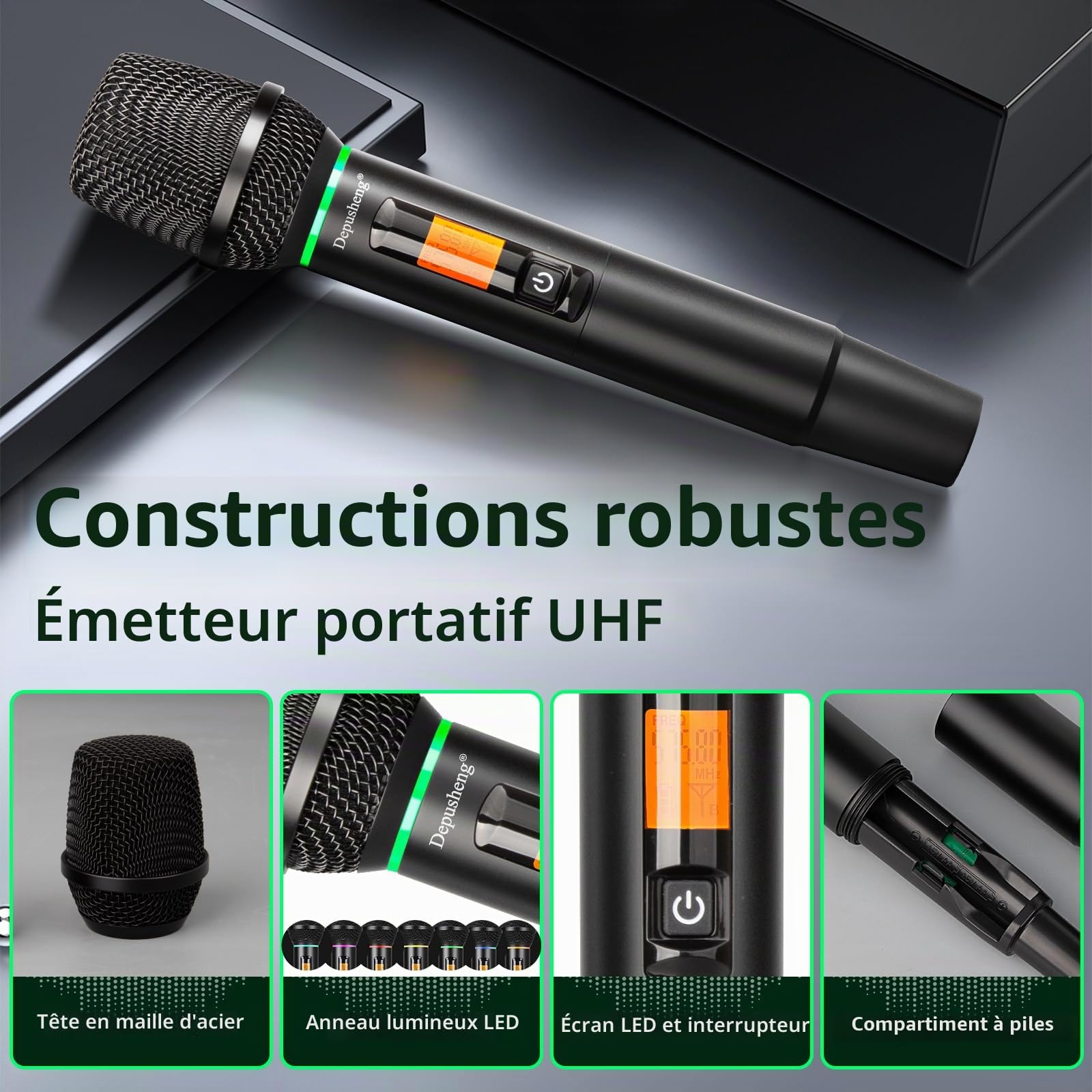 Depusheng R7 Ensemble de Microphone sans Fil équipé de Deux Microphones à Main dynamiques et d'un récepteur, avec Une portée de réception de 80 mètres, adapté aux scènes de Concerts de karaoké