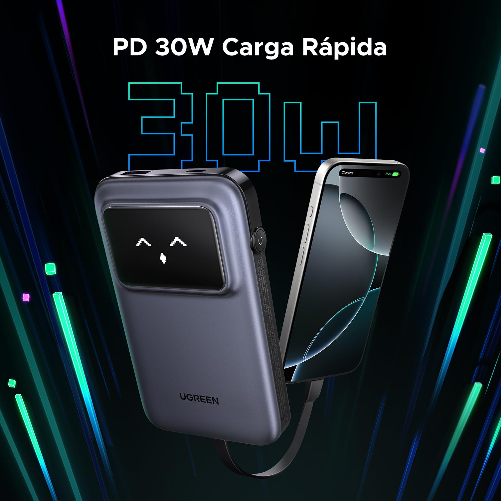 UGREEN Uno Power Bank 10000mAh, Cargador Portátil PD 30W con Cable Type C Integrado, Compatible con iPhone 16/15 Plus Pro MAX, Galaxy S24 S23, Pixel 9/8/7, etc.