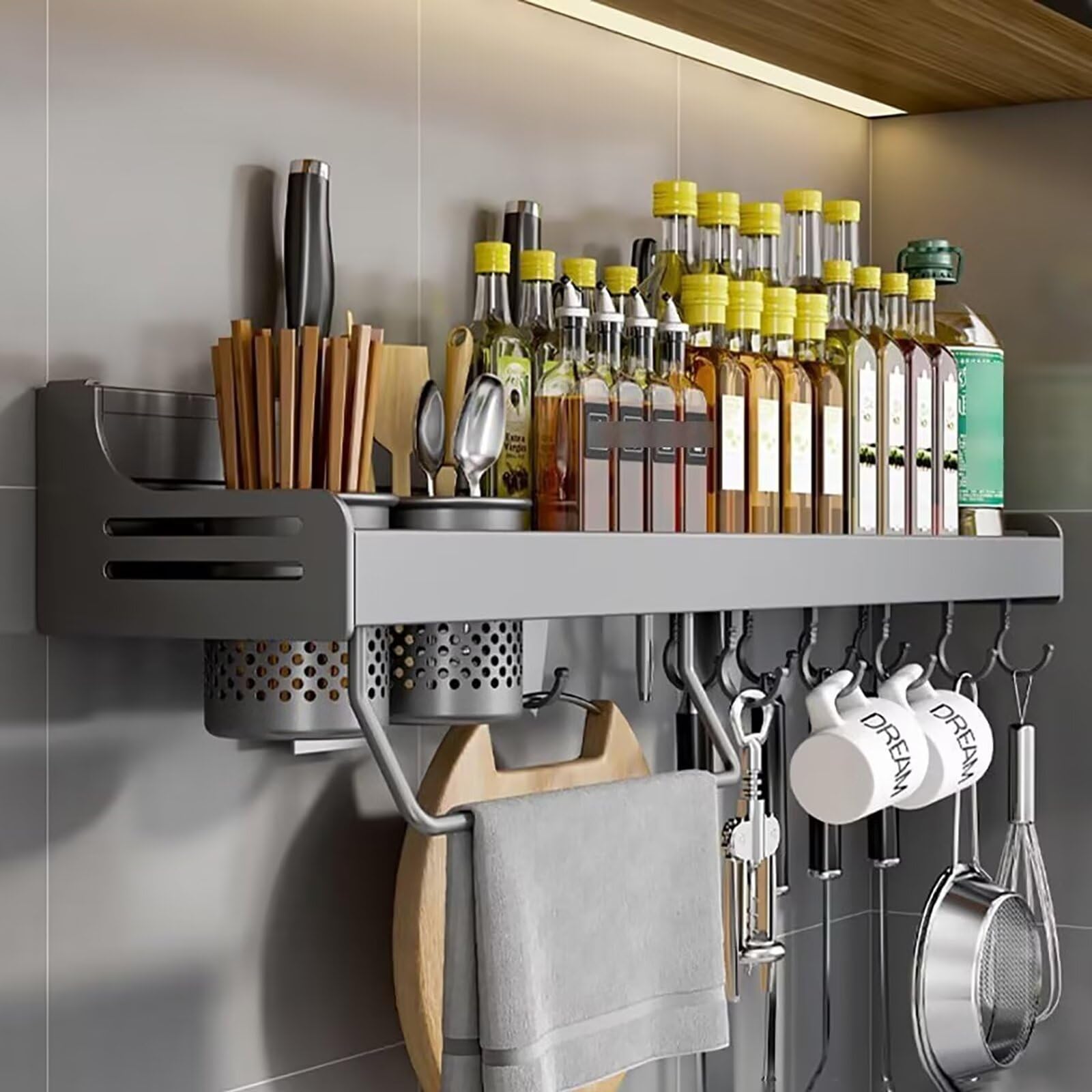 Aserzenith Grey Spice Rack - Wall Mounted Holder For Kitchen Utensils,-70Cm