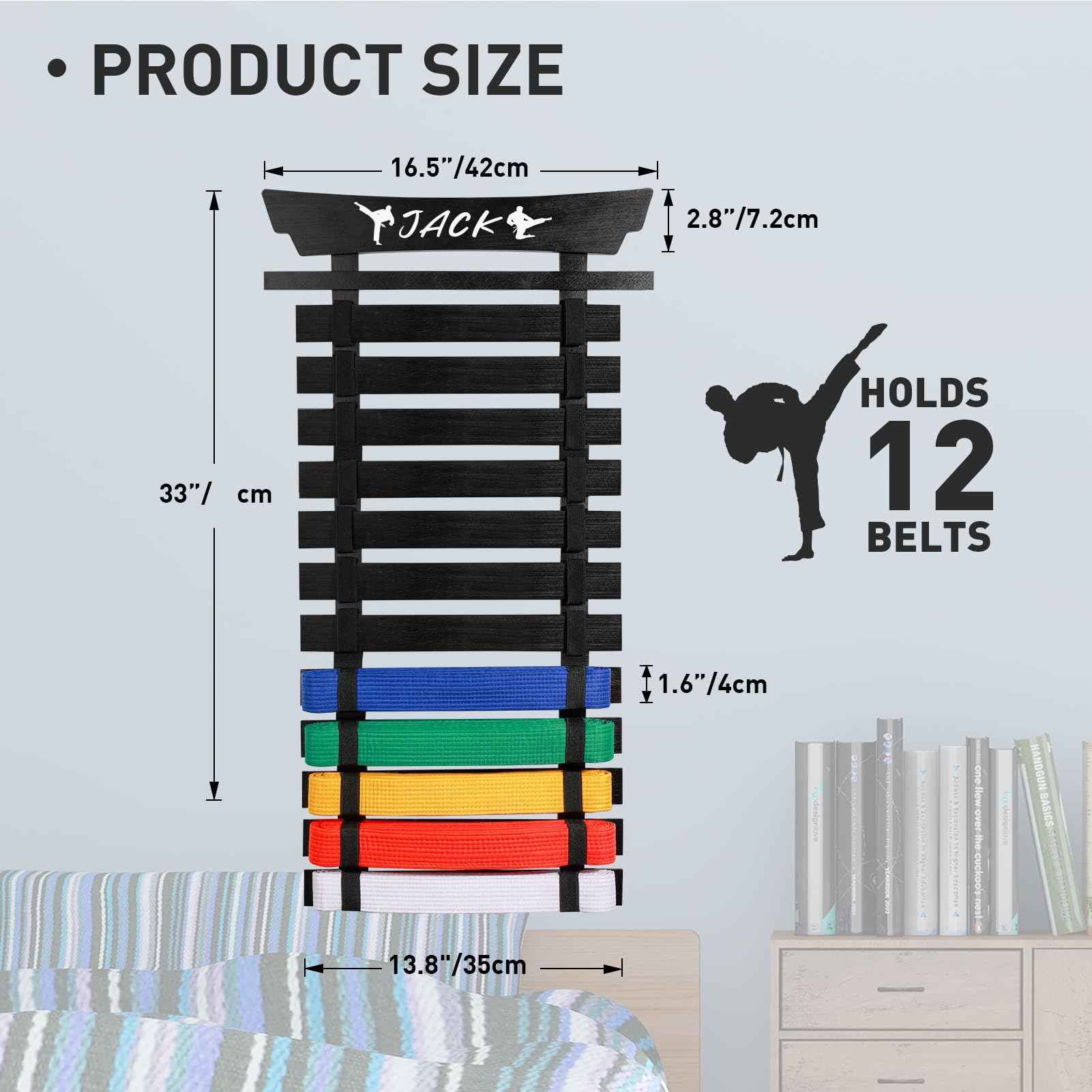 Winartton 12 Belts Karate Belt Display Rack with Stickers, Martial Arts Belt Display Holder, Taekwondo Belt Jiu Jitsu Belt BJJ Belt Display Hanging Holder for Kids and Adults