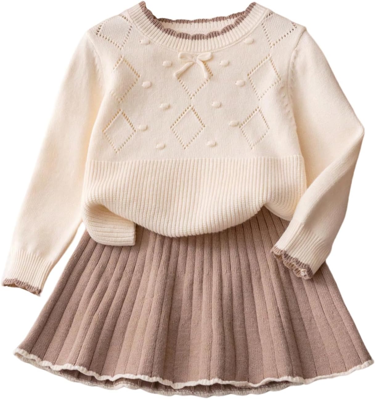 SHENHE Girl's 2 Piece Fall Outfits Crewneck Bow Sweater and Pleated Knit Flare Mini Skirt Set