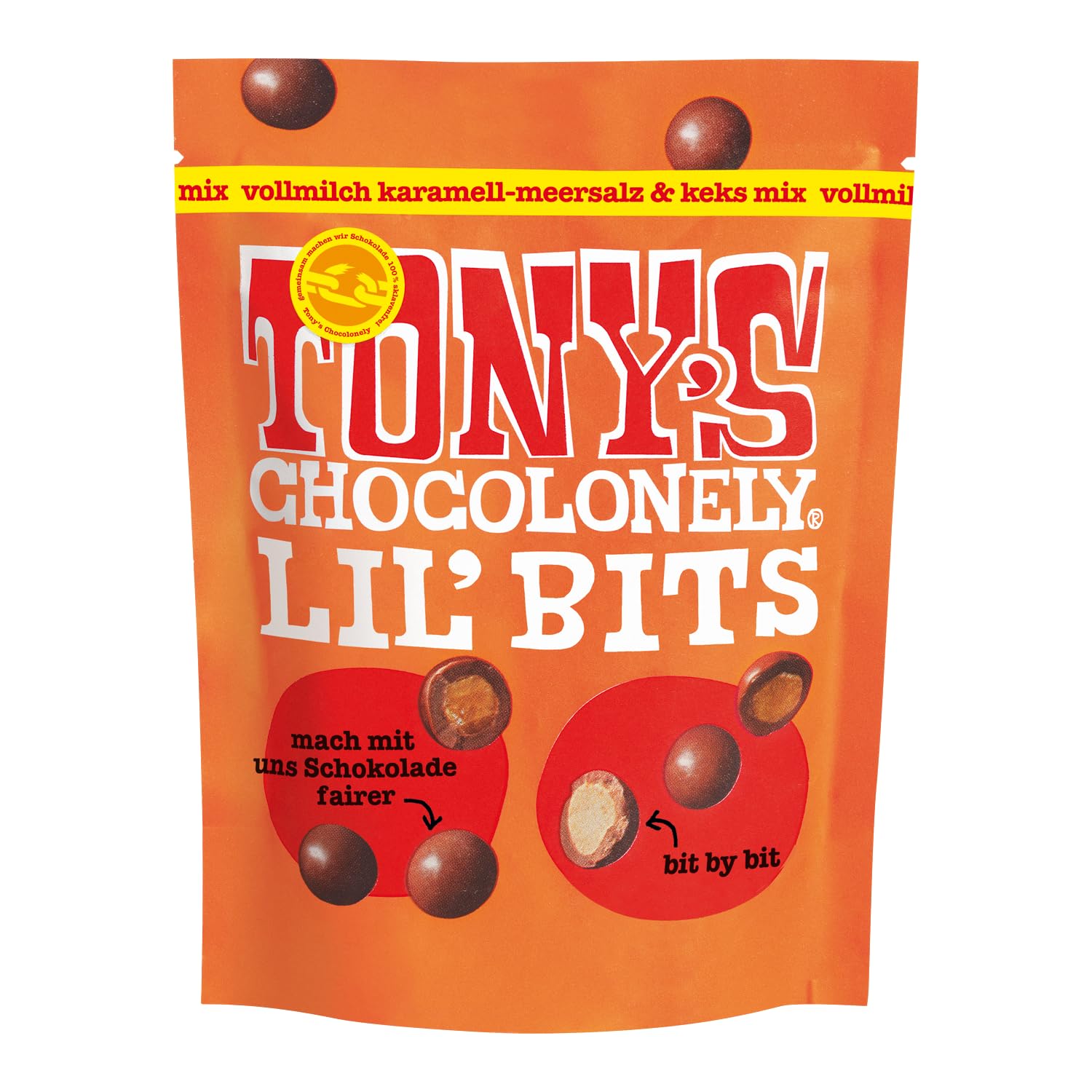 TONY'S CHOCOLONELY - Lil´Bits mit Karamell & Meersalz 120 g. Fairtrade Vollmilchschokolade mit Knusperkaramell, Meersalz & Keks mix. Ohne Palmöl, hergestellt in Belgien
