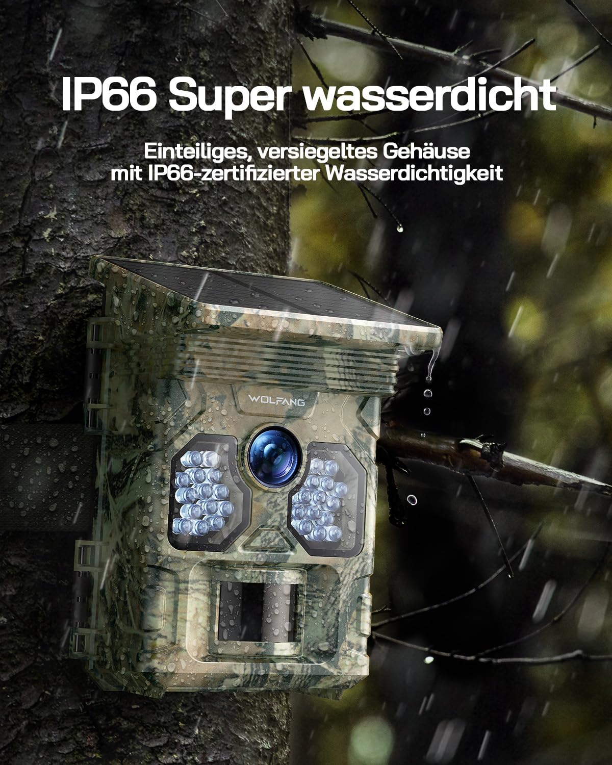 WOLFANG Wildkamera, 4K Solar Video Wildtierkamera, 48MP Full HD-Auflösung Jagdkamera, Nachtsicht, Bewegungssensor, 0.1s Auslösezeit, IP66 Wasserdicht für Wildlife Monitoring
